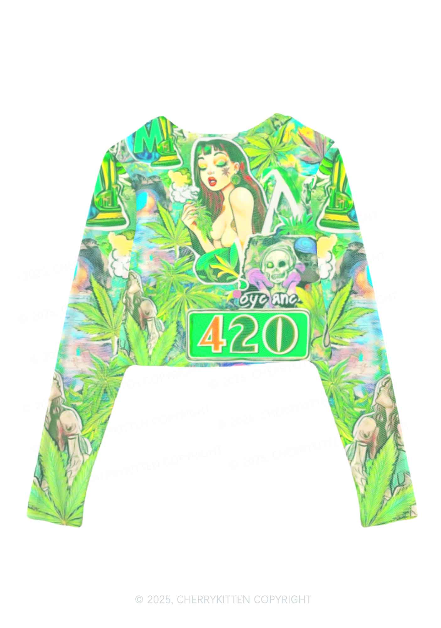 Smoking Girl Y2K Mesh Long Sleeve Crop Top Cherrykitten - Image 2