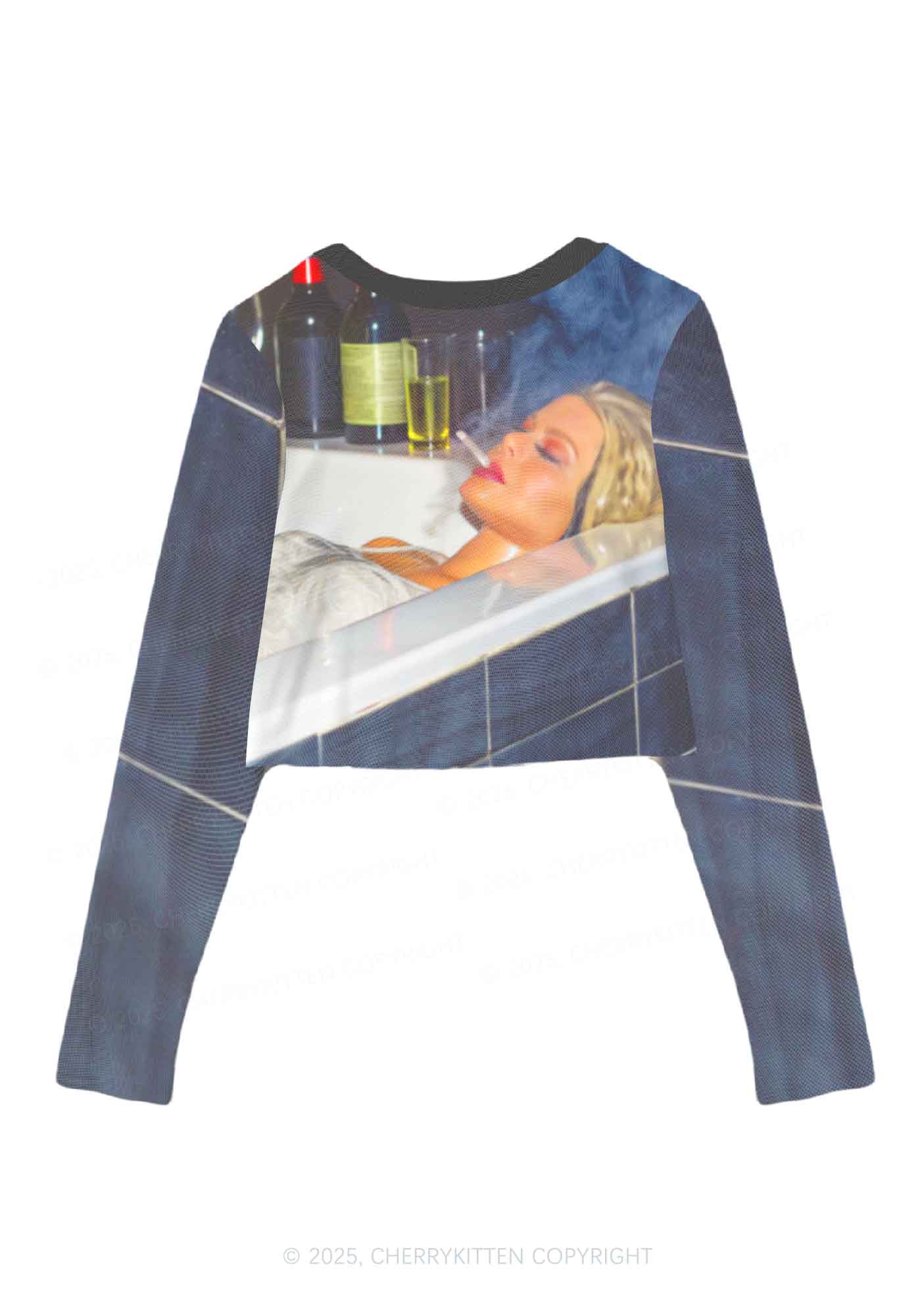 Smoking Woman Y2K Mesh Long Sleeve Crop Top Cherrykitten - Image 2