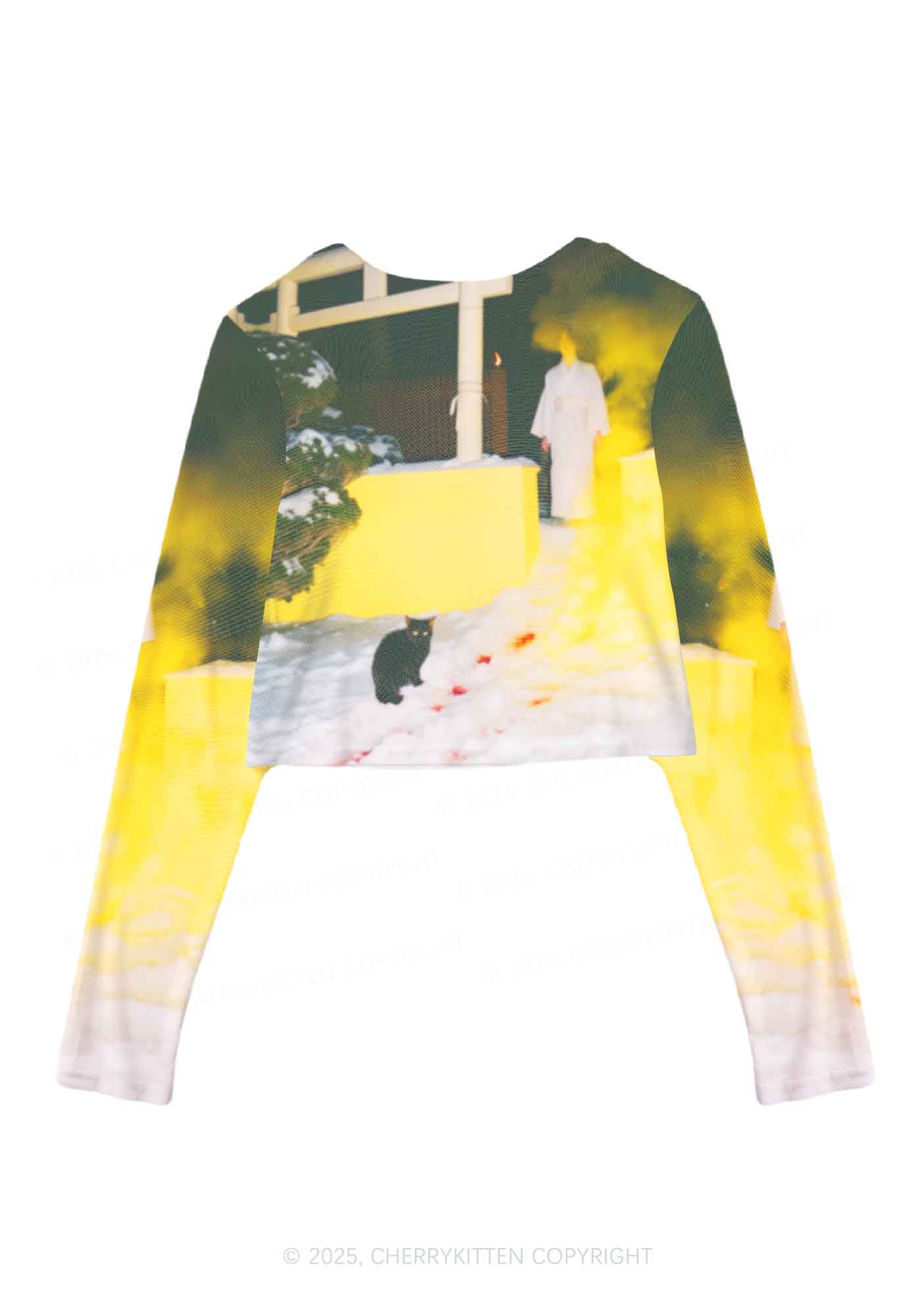Snow Cat Y2K Mesh Long Sleeve Crop Top Cherrykitten - Image 2