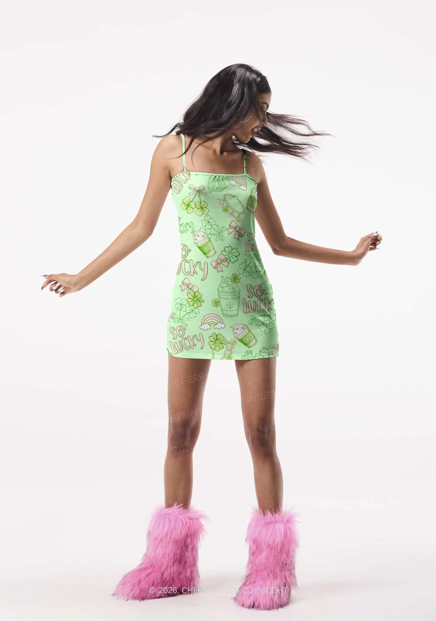 So Lucky Vibes St Patricks Y2K Print Slip Dress Cherrykitten - Image 2