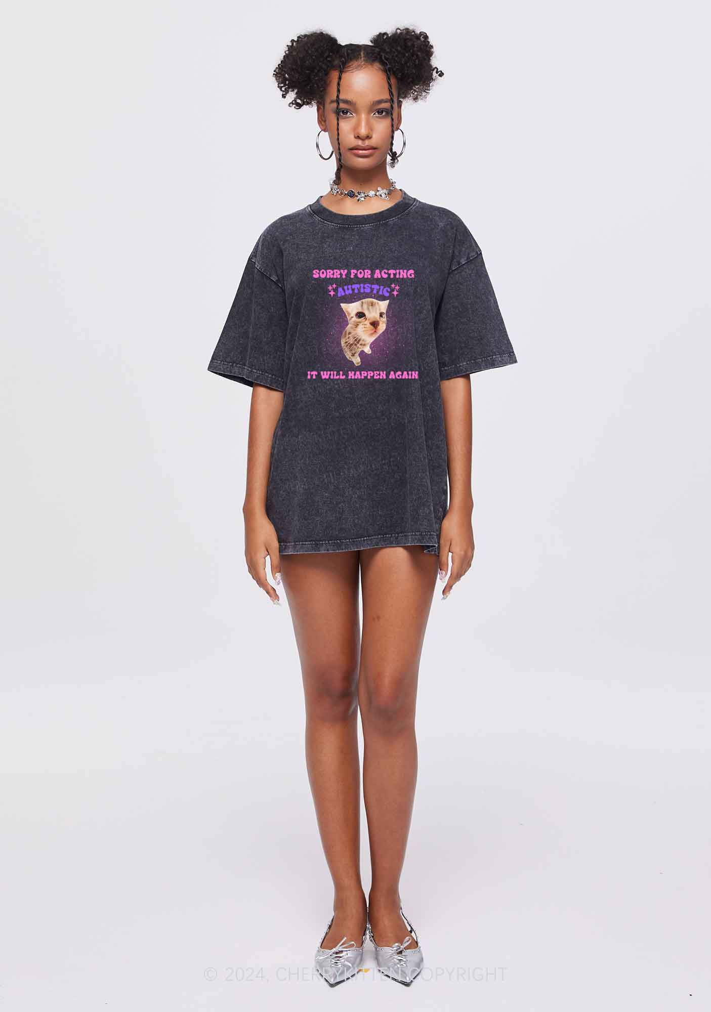 Sorry For Acting Autistic Cat Y2K Washed Tee Cherrykitten - Image 2