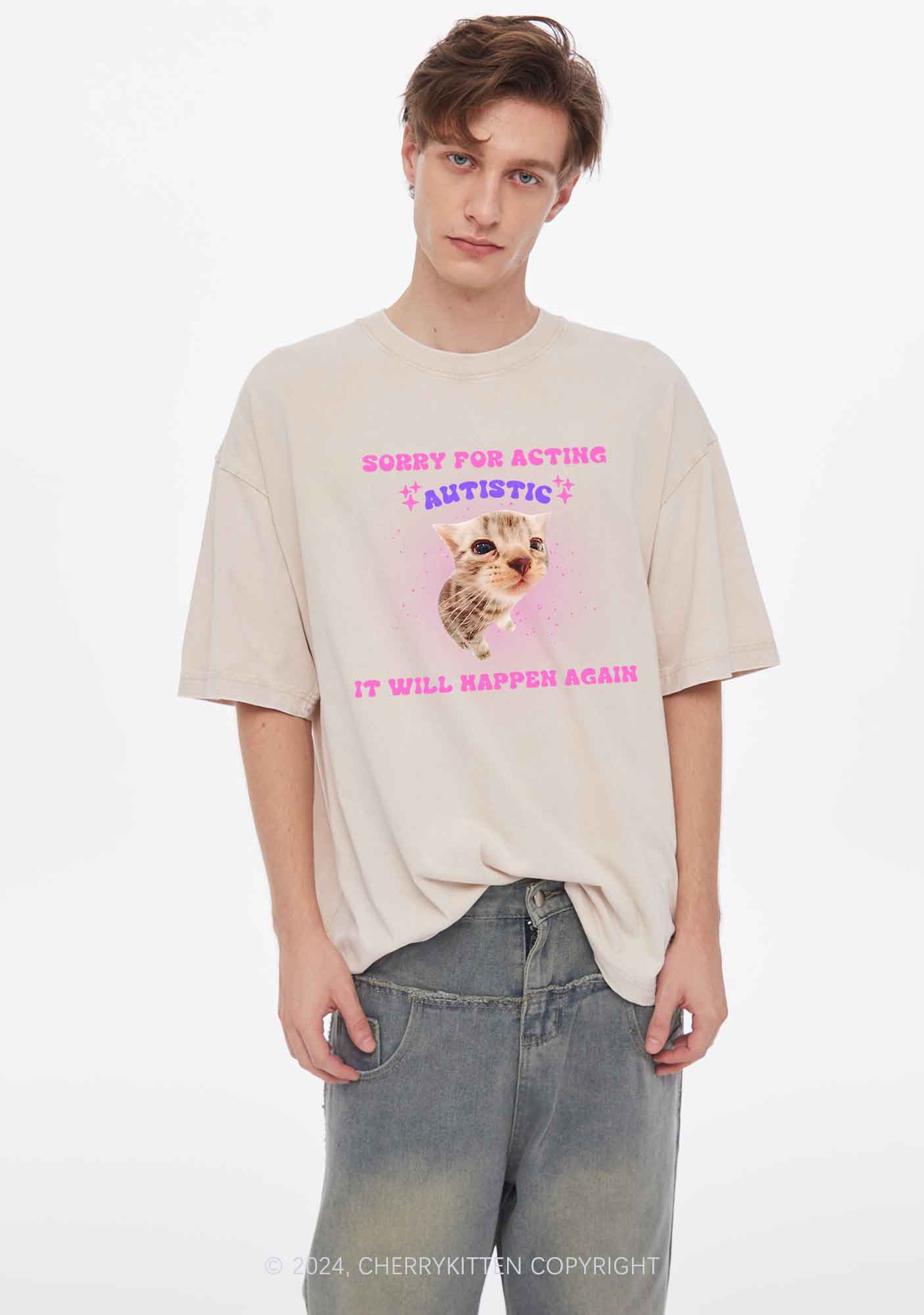 Sorry For Acting Autistic Cat Y2K Washed Tee Cherrykitten - Image 3