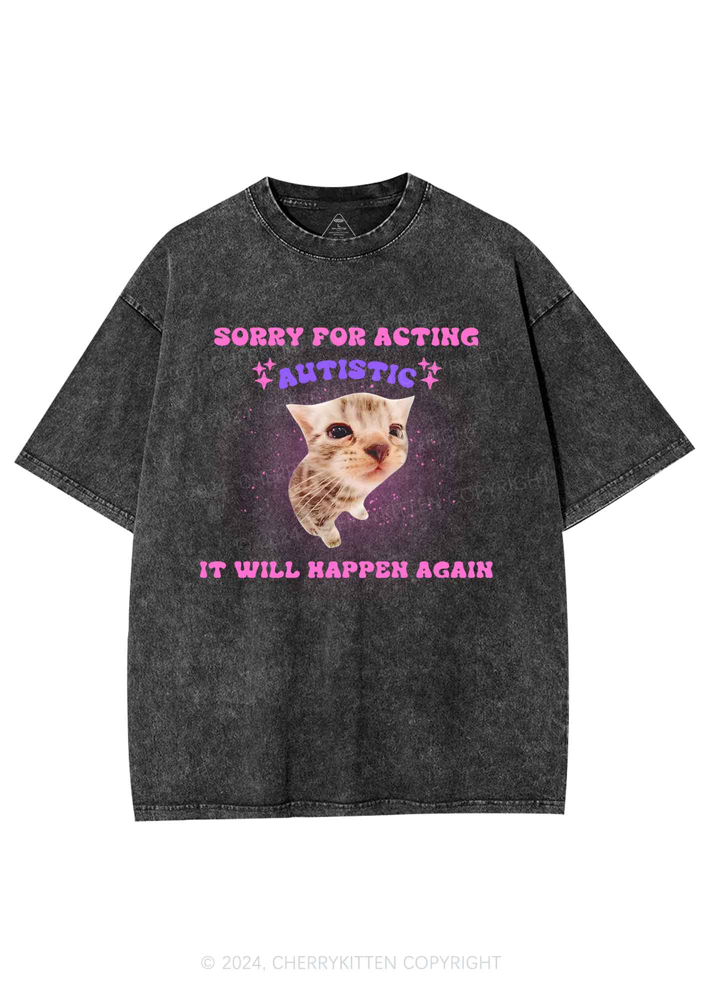 Sorry For Acting Autistic Cat Y2K Washed Tee Cherrykitten - Image 4
