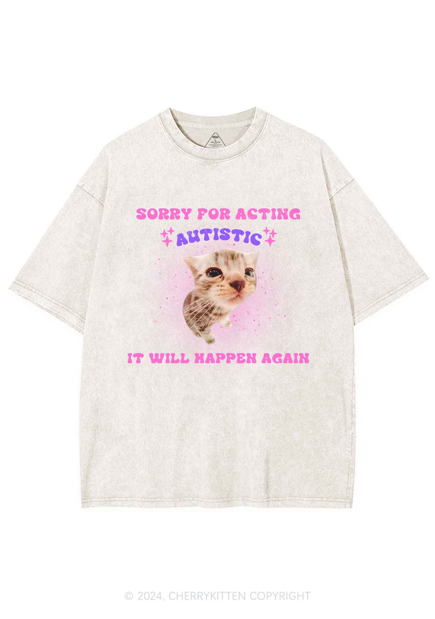 Sorry For Acting Autistic Cat Y2K Washed Tee Cherrykitten - Image 5