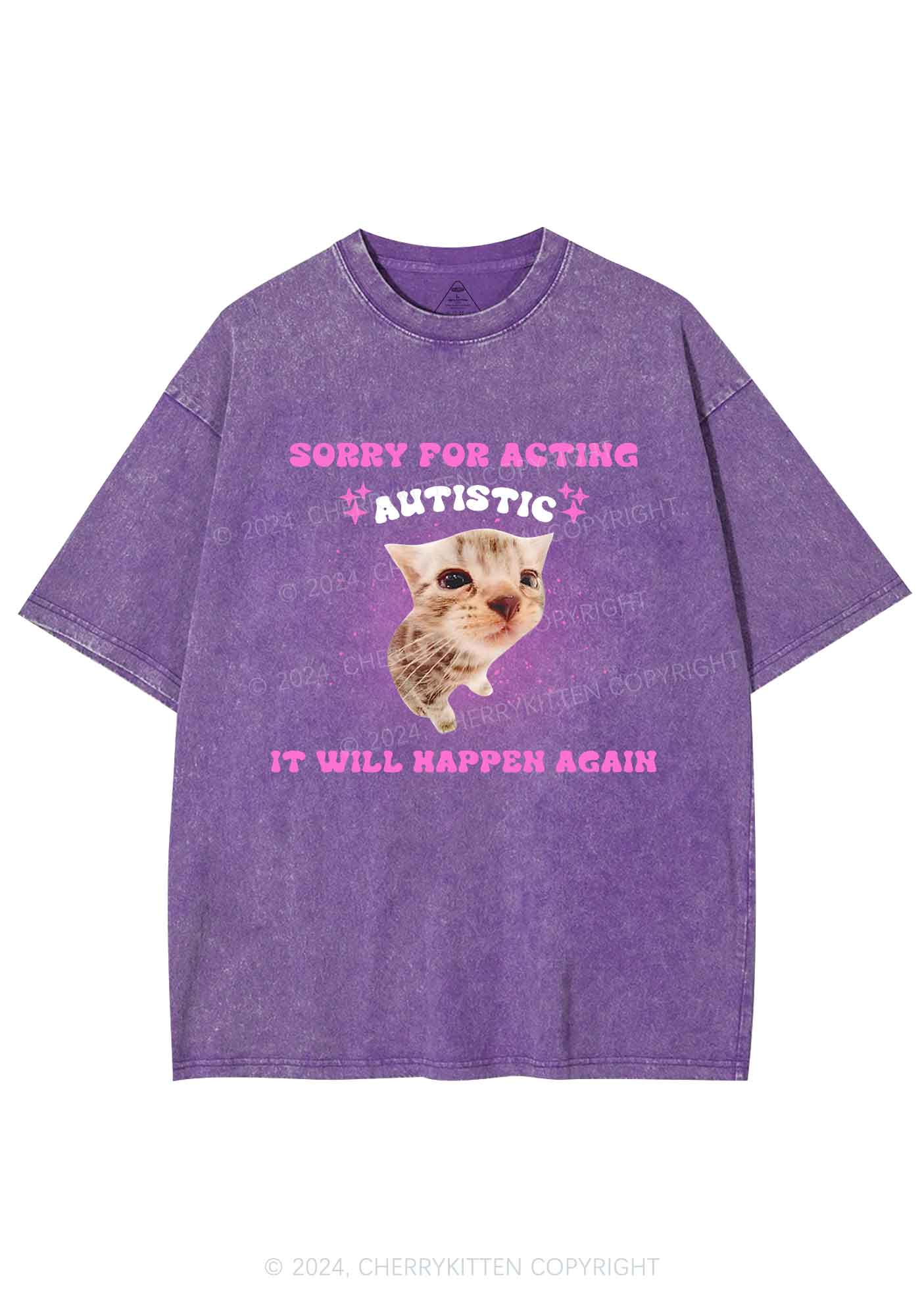 Sorry For Acting Autistic Cat Y2K Washed Tee Cherrykitten - Image 6