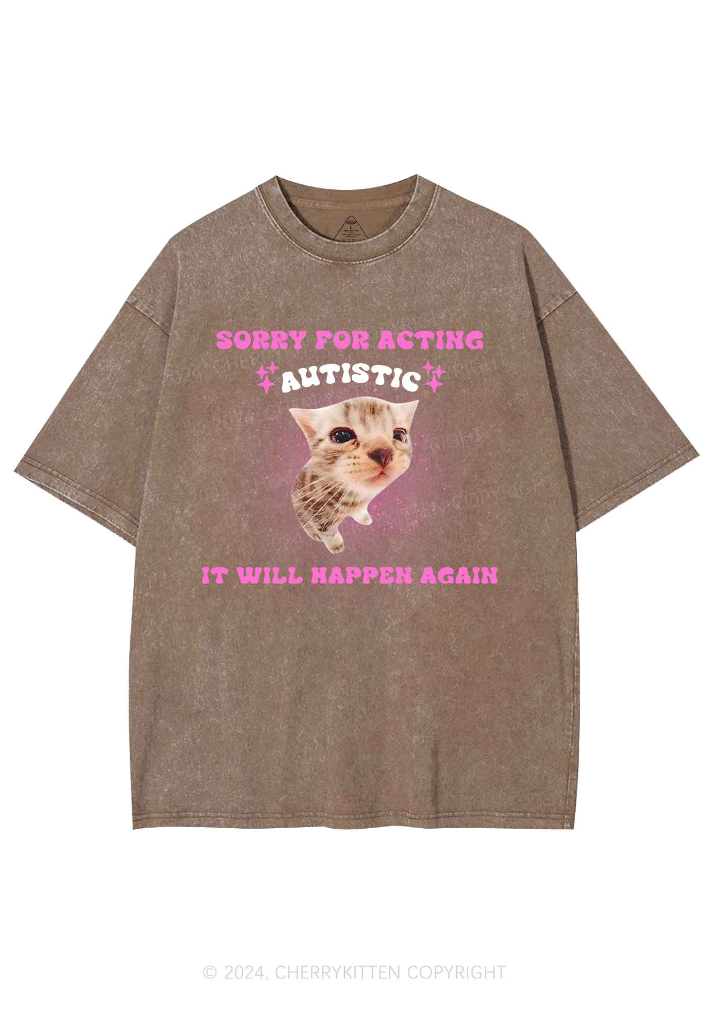 Sorry For Acting Autistic Cat Y2K Washed Tee Cherrykitten - Image 7