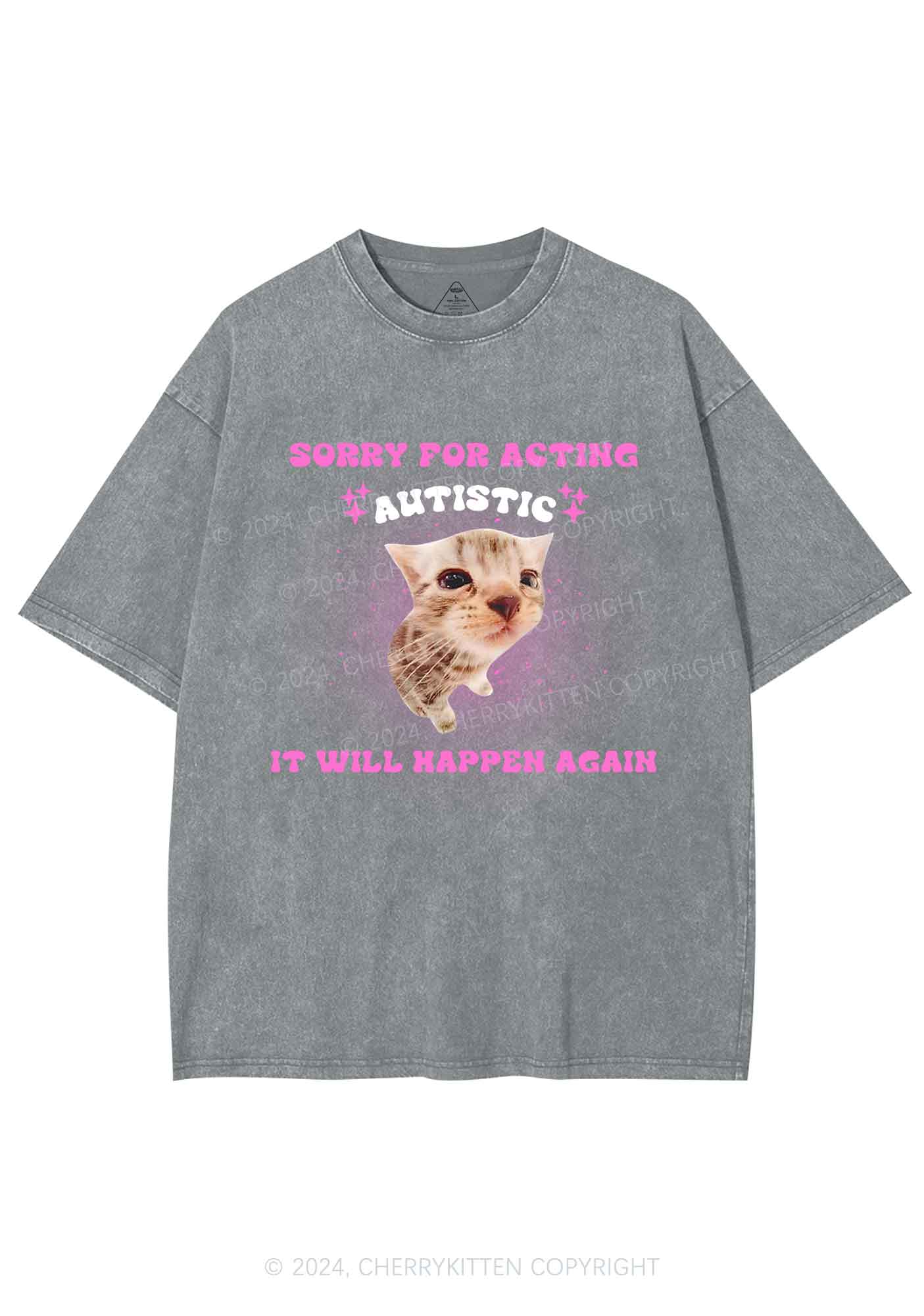Sorry For Acting Autistic Cat Y2K Washed Tee Cherrykitten - Image 8