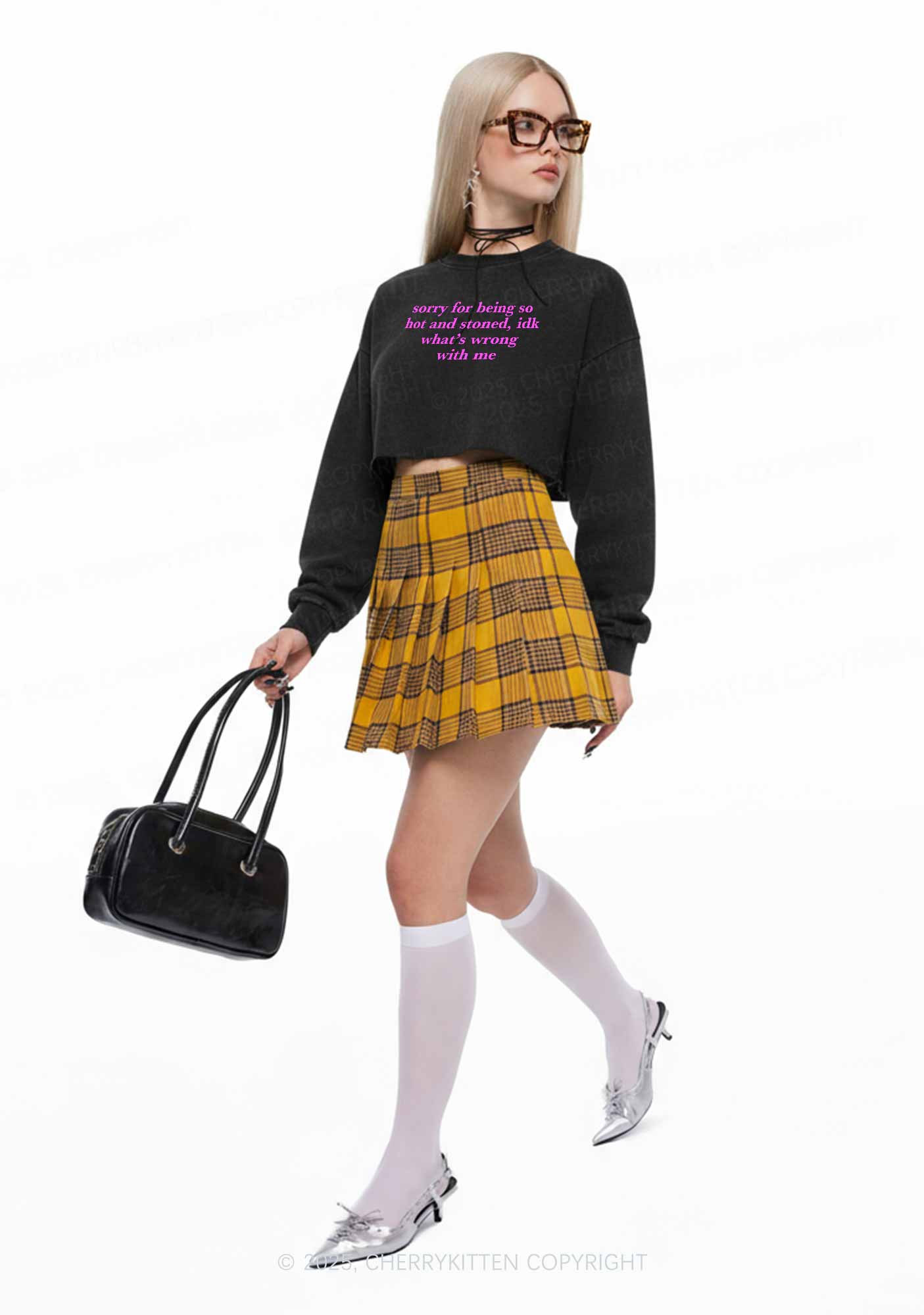 Sorry For Being Hot And Stoned Y2K Crop Washed Sweatshirts Cherrykitten - Image 2