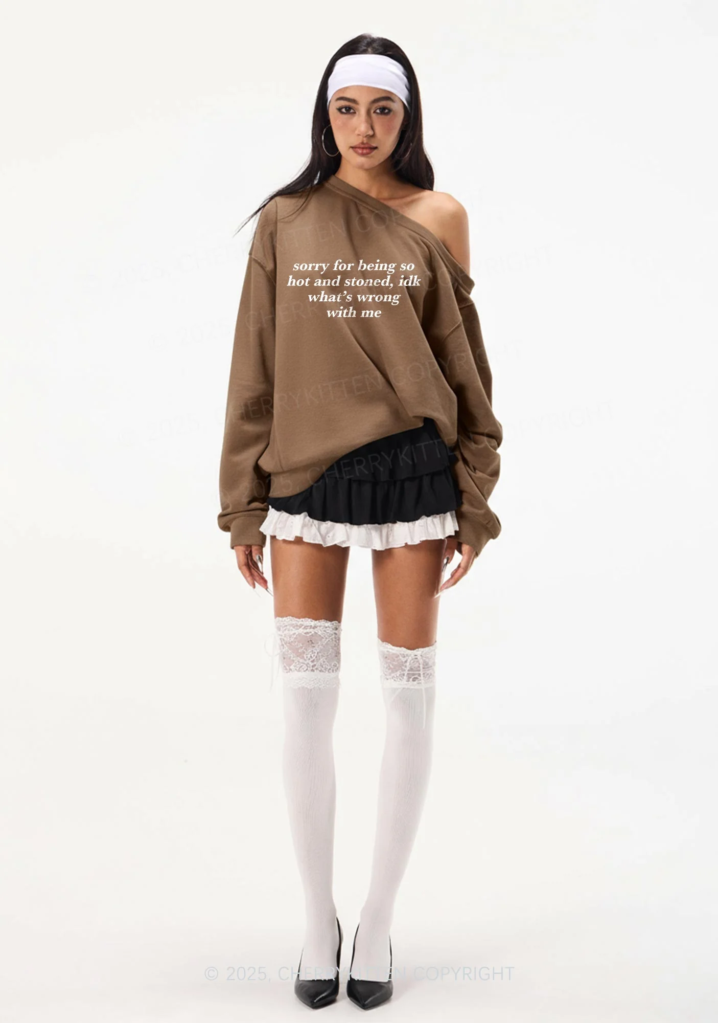 Sorry For Being Hot And Stoned Y2K Off Shoulder Sweatshirts Cherrykitten - Image 2