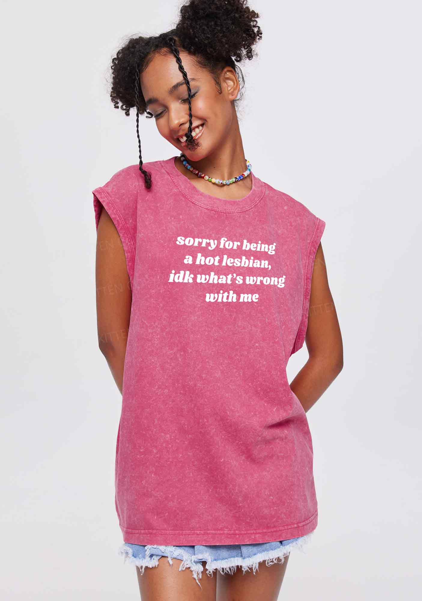 Sorry For Being Hot Lesbian Y2K Washed Tank Cherrykitten - Image 2