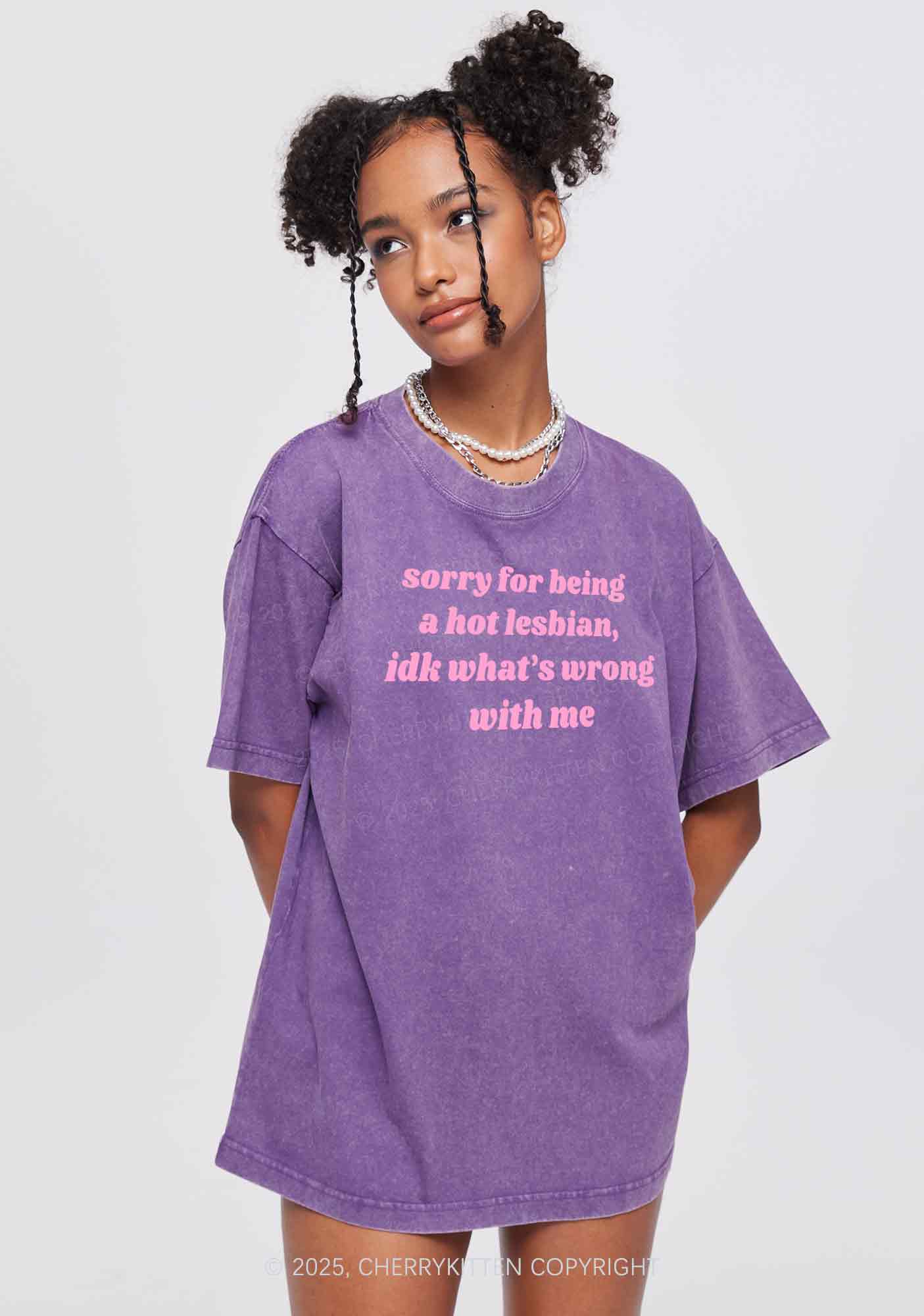 Sorry For Being Hot Lesbian Y2K Washed Tee Cherrykitten - Image 2