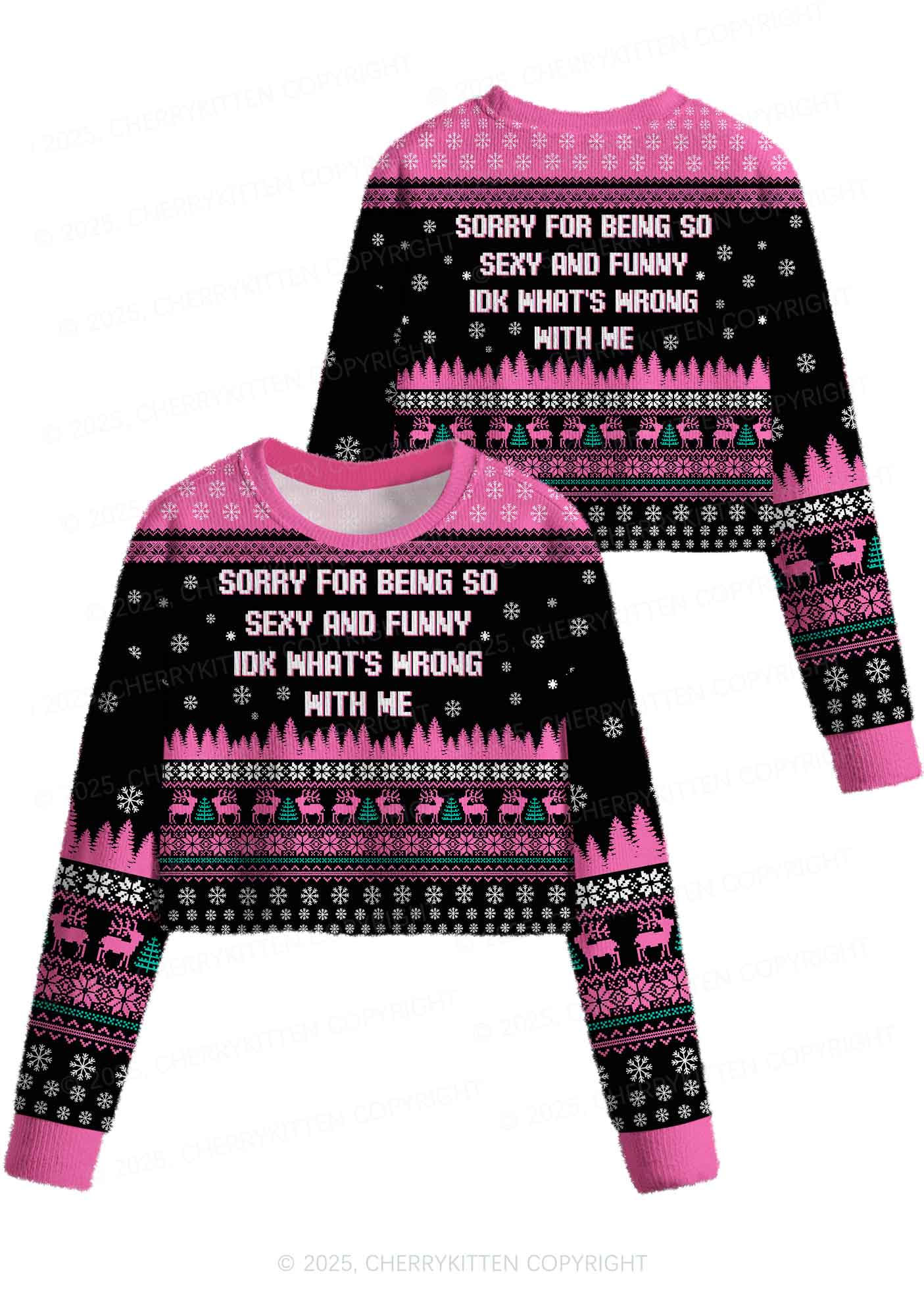 Sorry For Being So Funny Y2K Christmas Crop Knit Sweatshirt Cherrykitten - Image 3