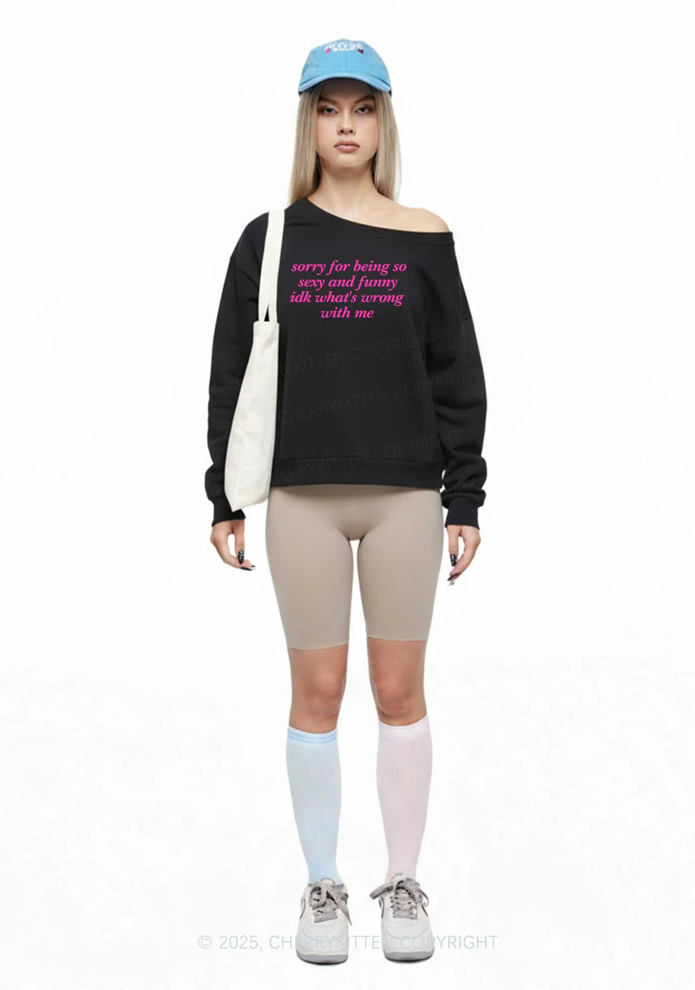 Sorry For Being So Funny Y2K Off Shoulder Sweatshirts Cherrykitten - Image 2