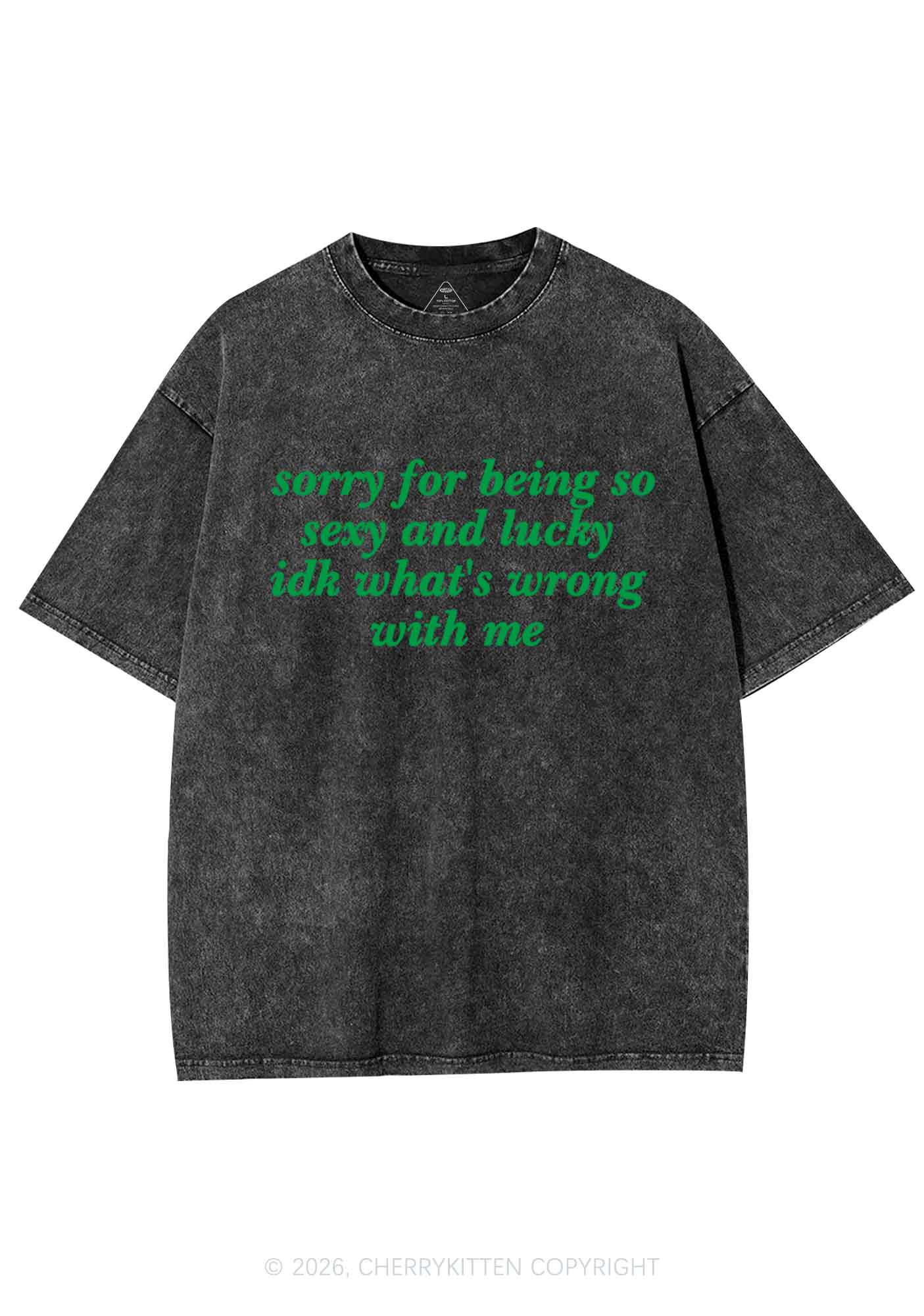 Sorry For Being So Lucky St Patricks Y2K Shirts Washed Tee Cherrykitten - Image 3