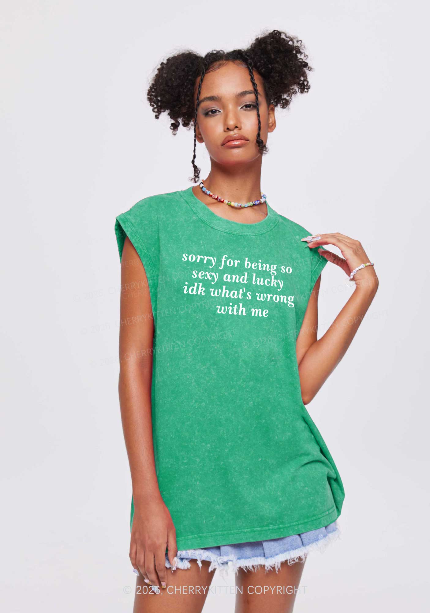 Sorry For Being So Lucky St Patricks Y2K Washed Tank Cherrykitten - Image 2