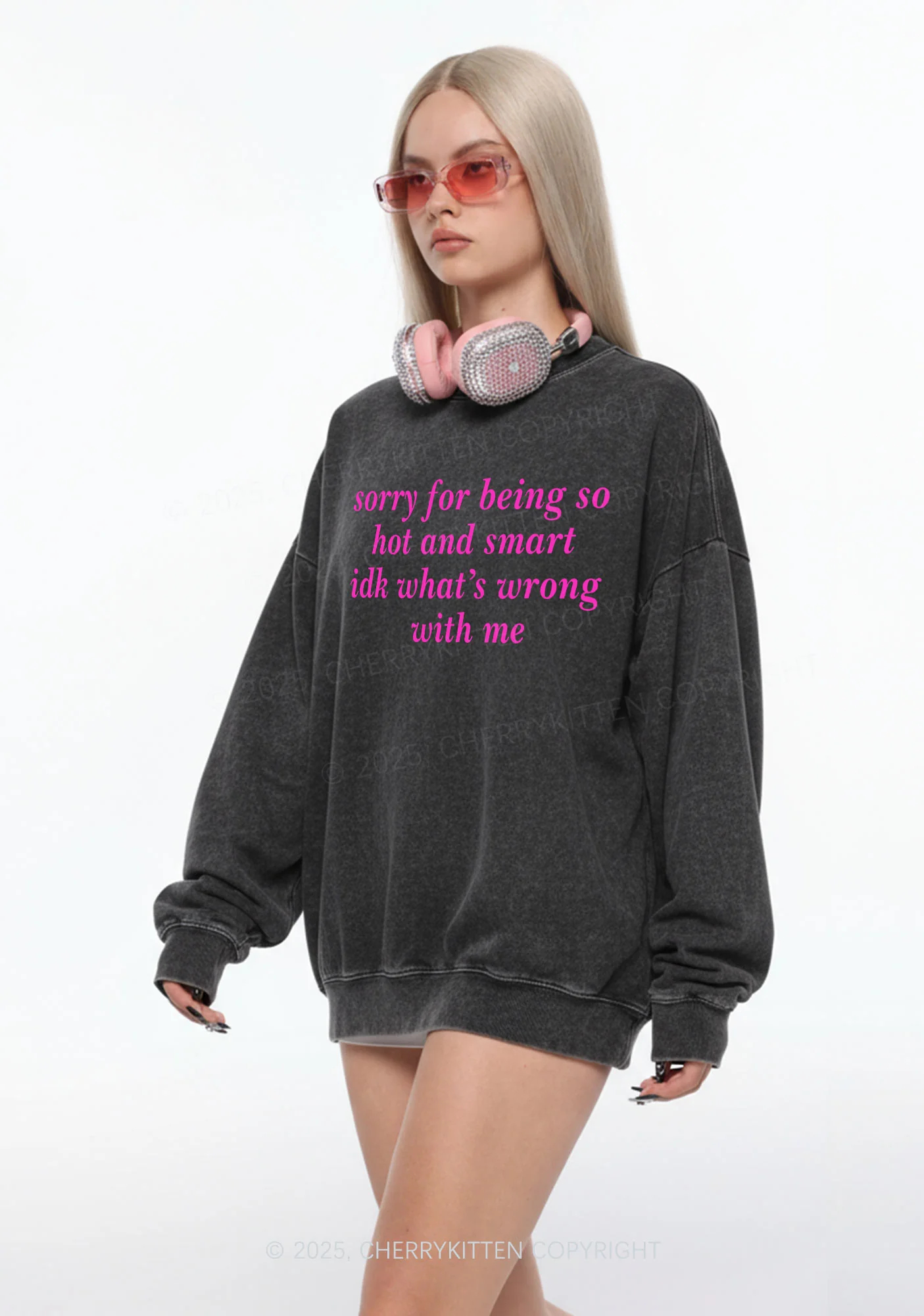 Sorry For Being So Smart Y2K Washed Sweatshirts Cherrykitten - Image 2