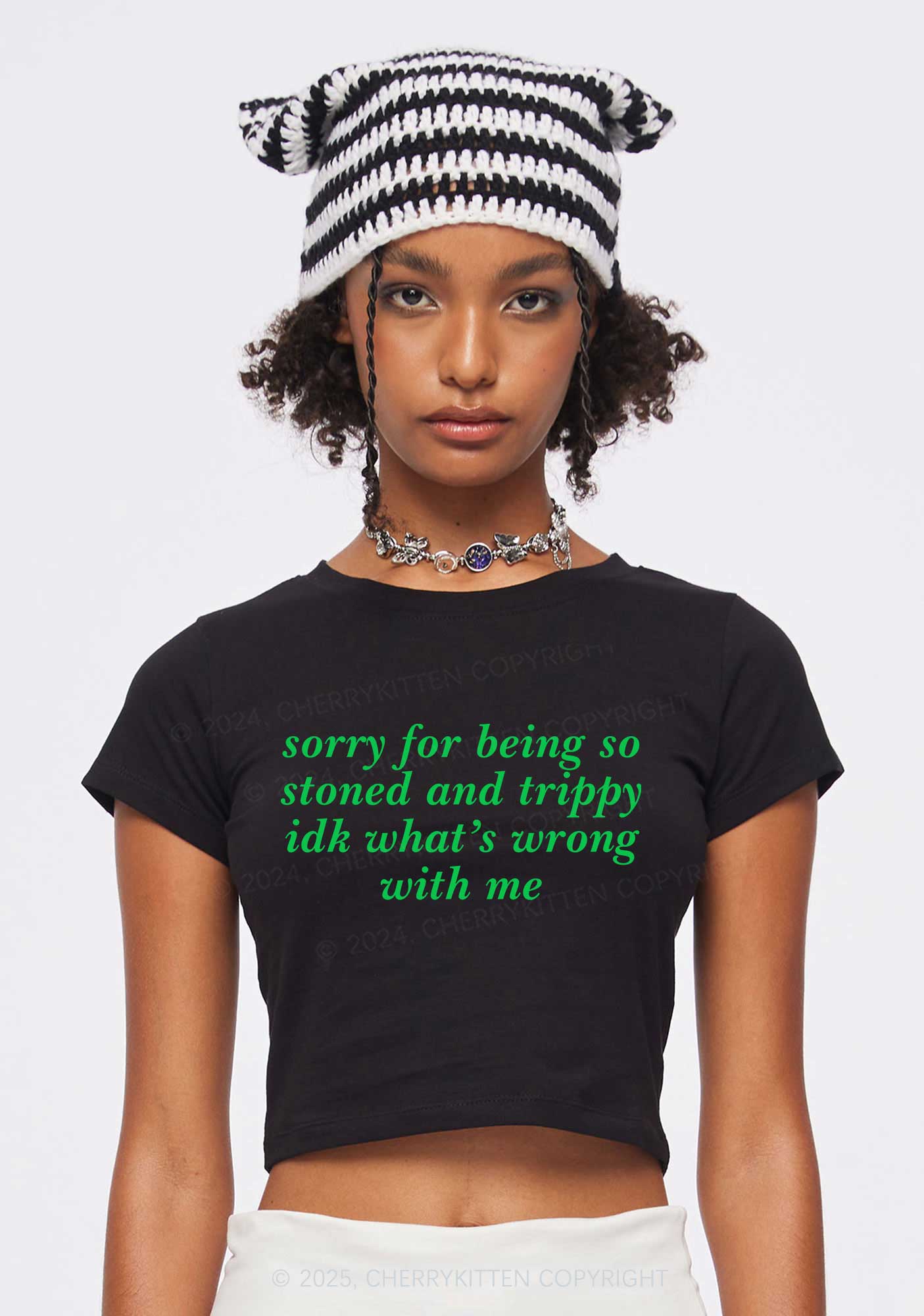 Sorry For Being Stoned And Trippy Y2K Baby Tee Cherrykitten - Image 2