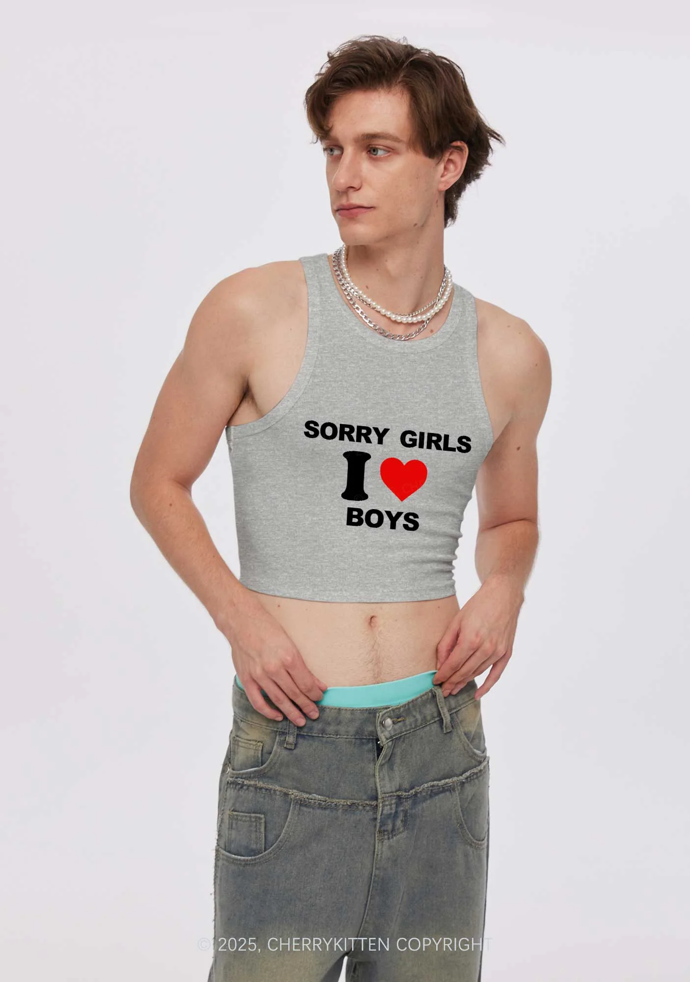 Sorry Girls I Love Boys Pride Y2K Crop Tank Top Cherrykitten - Image 2