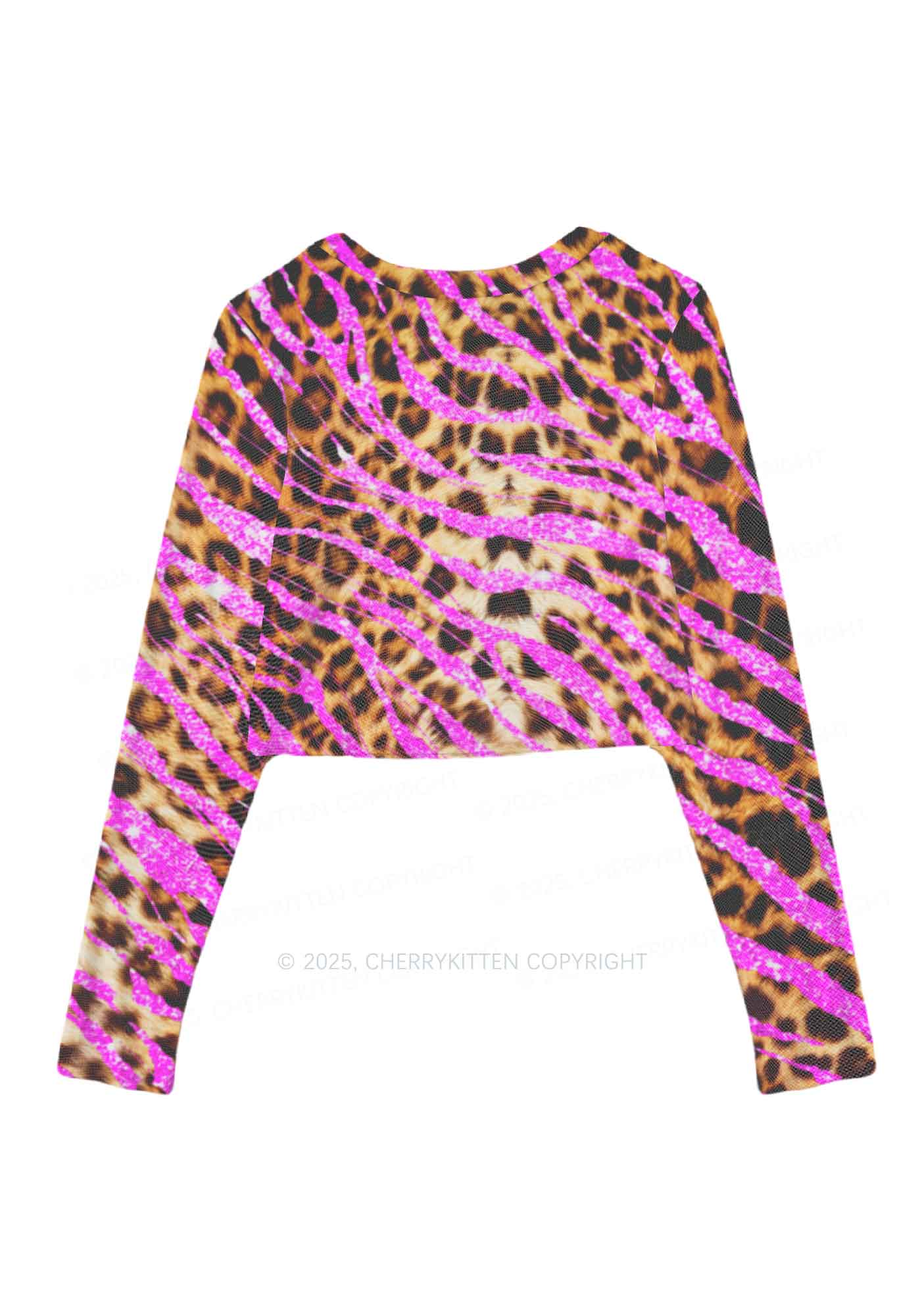 Sparkle Pink Leopard Y2K Mesh Long Sleeve Crop Top Cherrykitten - Image 3