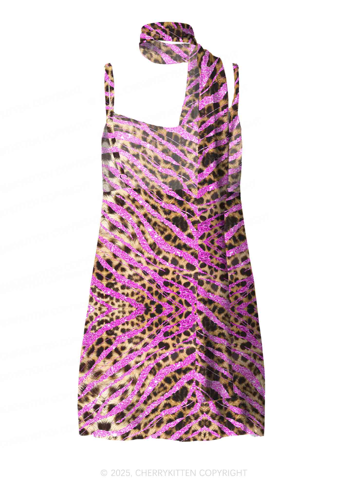 Sparkle Pink Leopard Y2K Mesh Slip Dress With Scarf Set Cherrykitten - Image 5