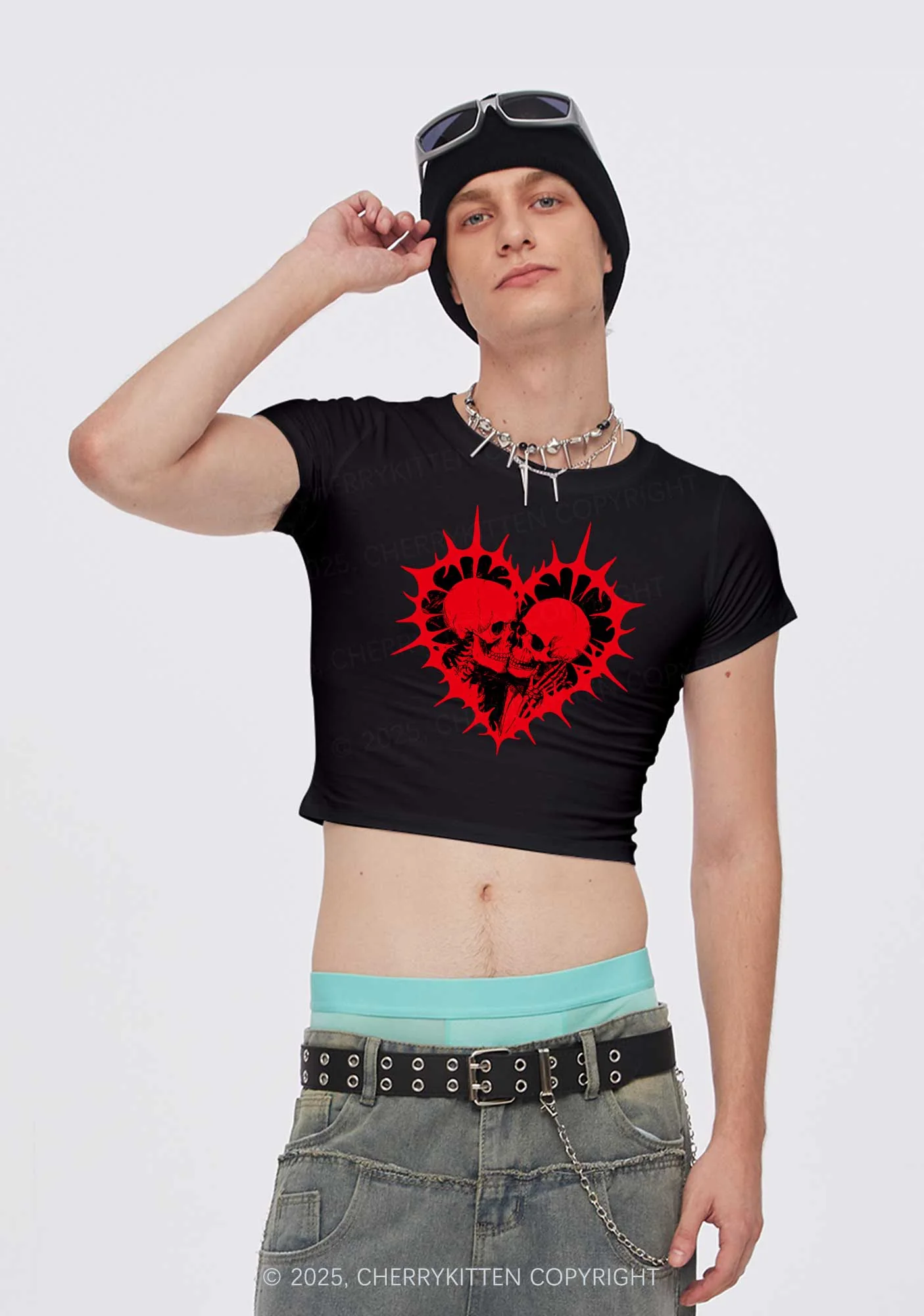Spiked Heart Skulls Valentine's Day Y2K Baby Tee Cherrykitten - Image 2