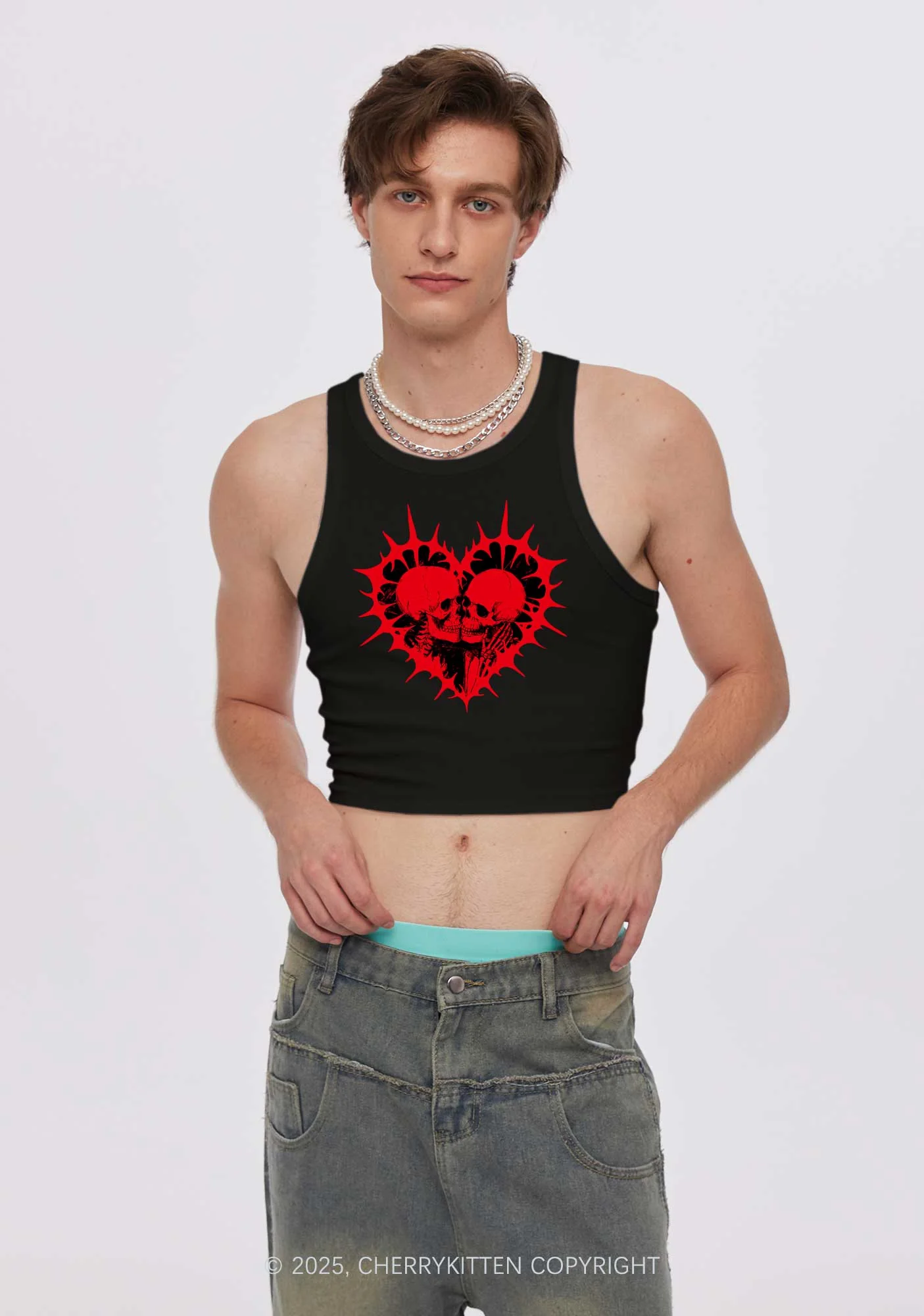 Spiked Heart Skulls Valentine's Day Y2K Crop Tank Top Cherrykitten - Image 2