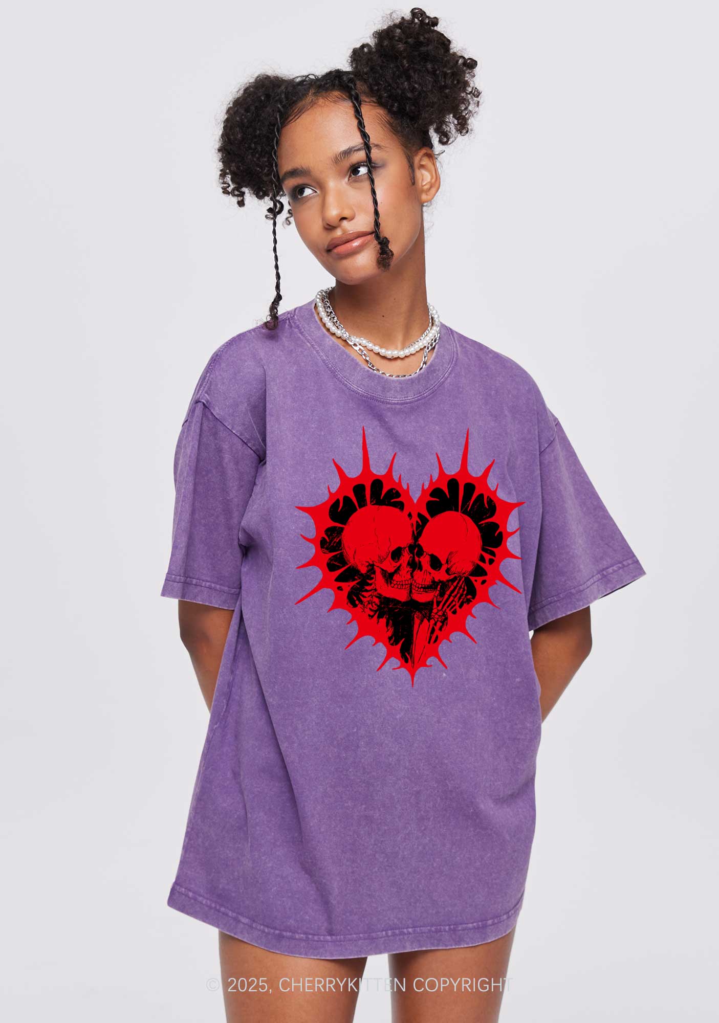 Spiked Heart Skulls Valentine's Day Y2K Shirts Washed Tee Cherrykitten - Image 2
