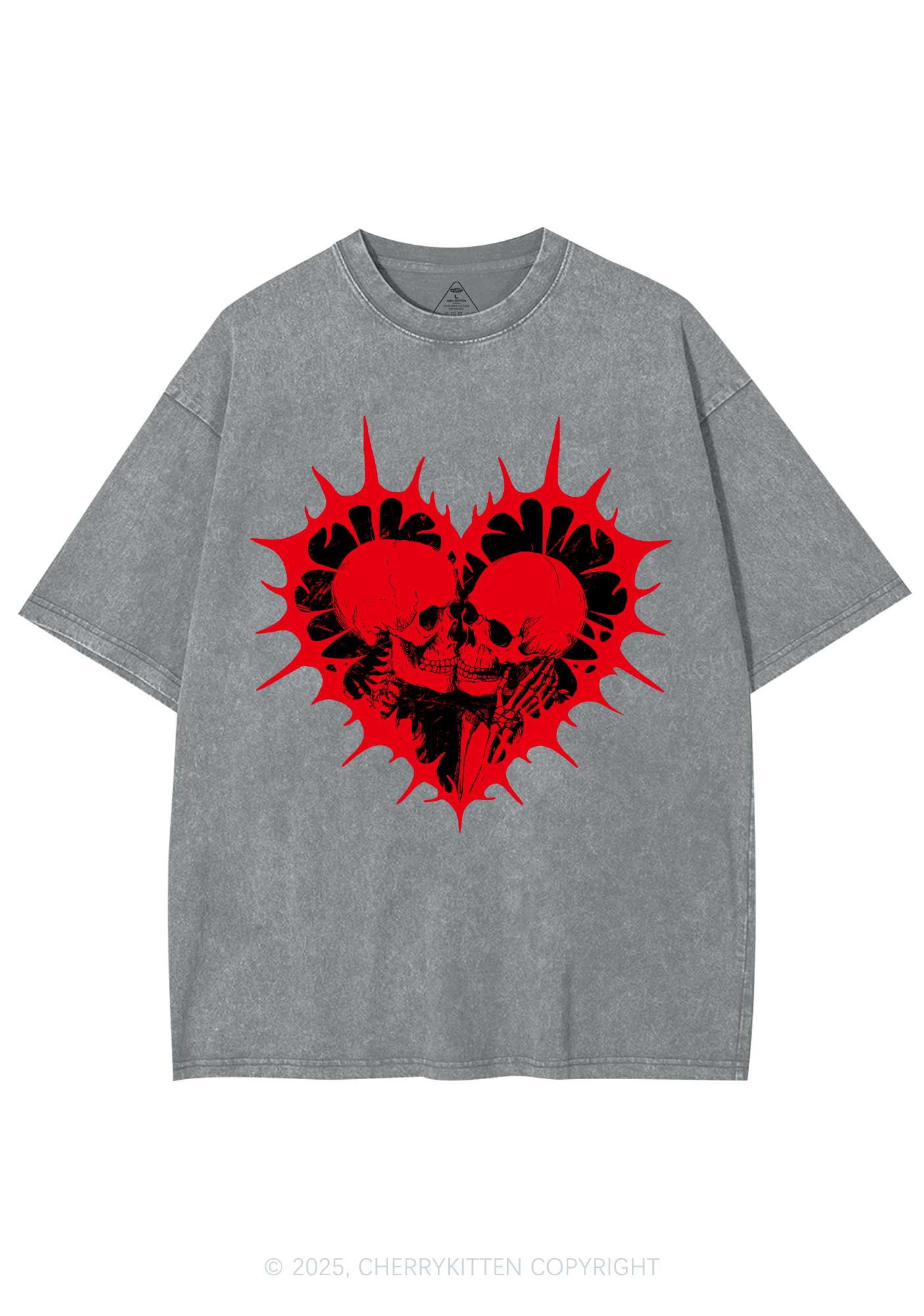 Spiked Heart Skulls Valentine's Day Y2K Shirts Washed Tee Cherrykitten - Image 7