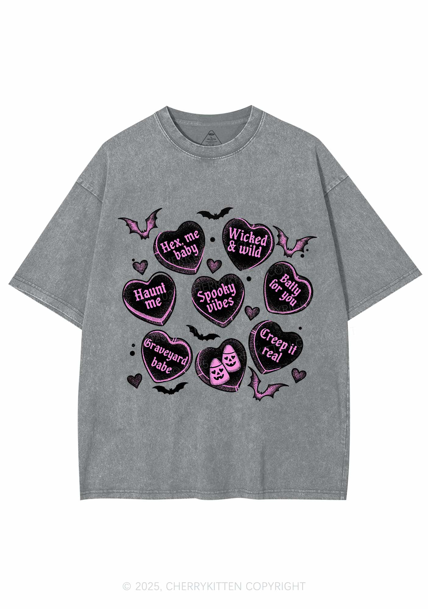 Spooky Candy Heart Valentine's Day Y2K Shirts Washed Tee Cherrykitten - Image 7