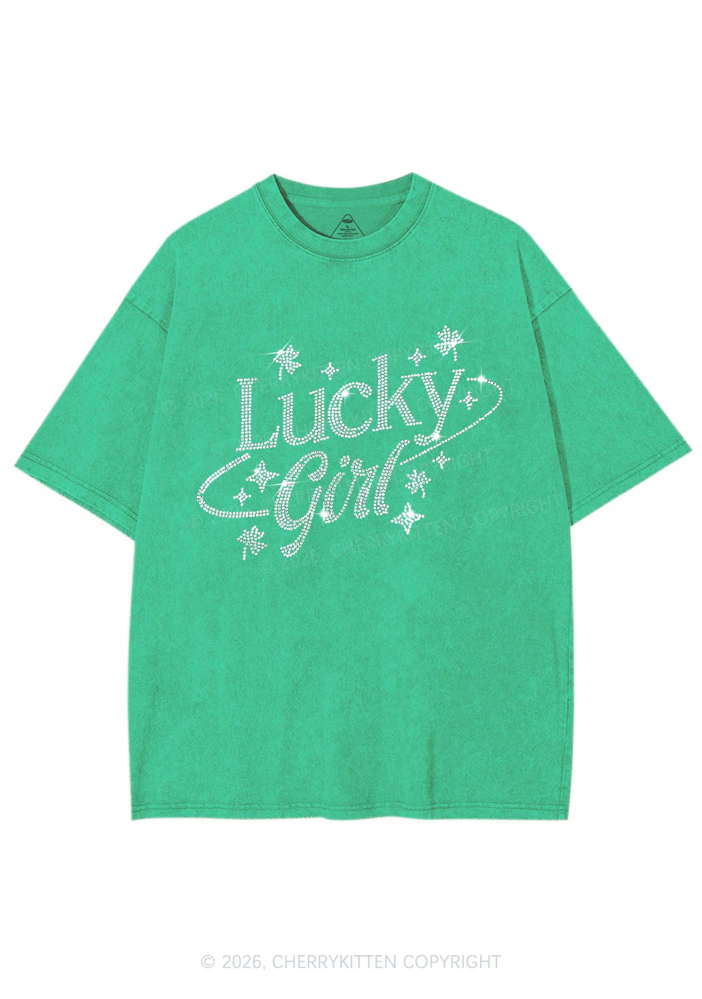 Rhinestone Lucky Girl St Patricks Y2K Shirts Washed Tee Cherrykitten - Image 2
