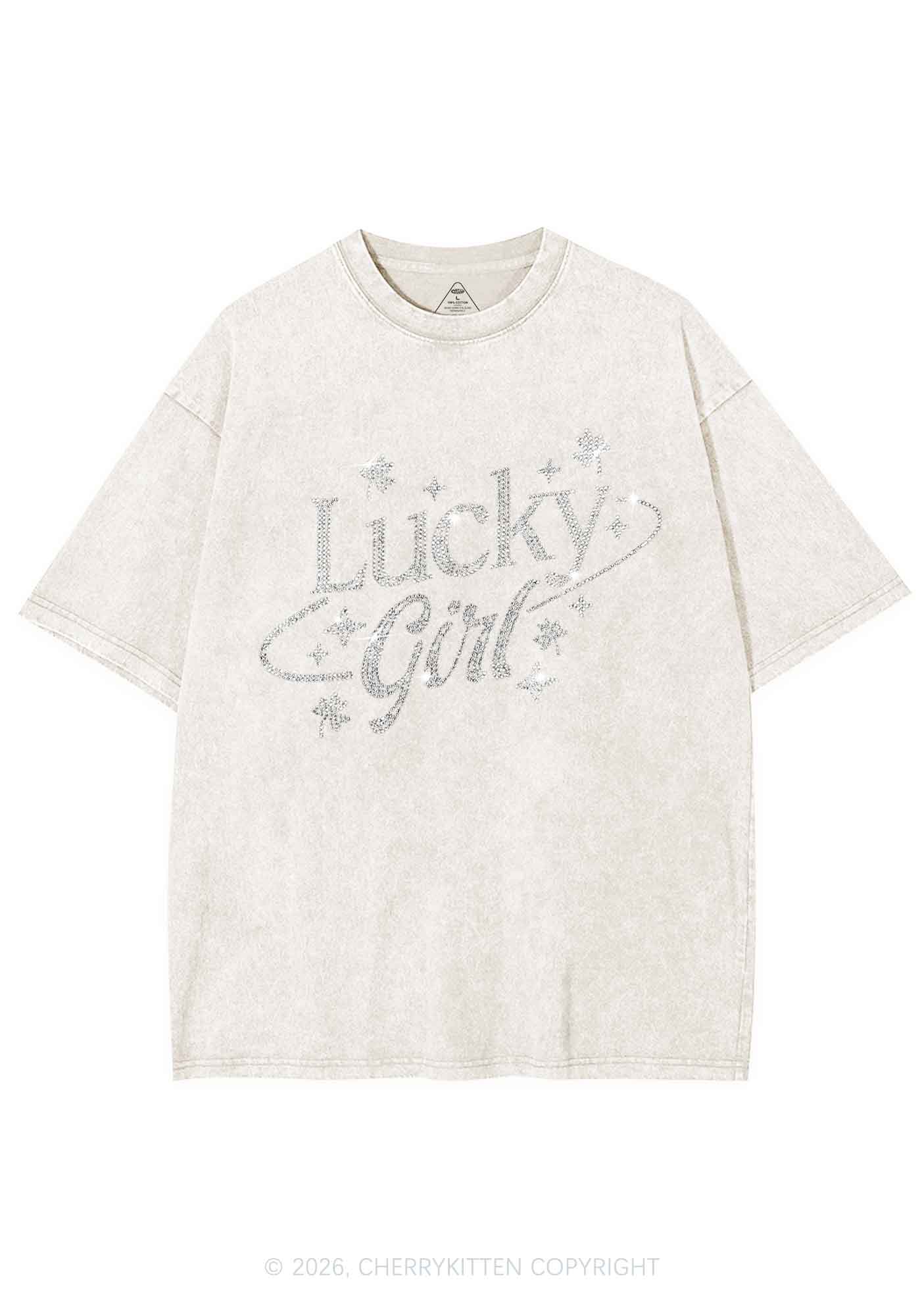 Rhinestone Lucky Girl St Patricks Y2K Shirts Washed Tee Cherrykitten - Image 3