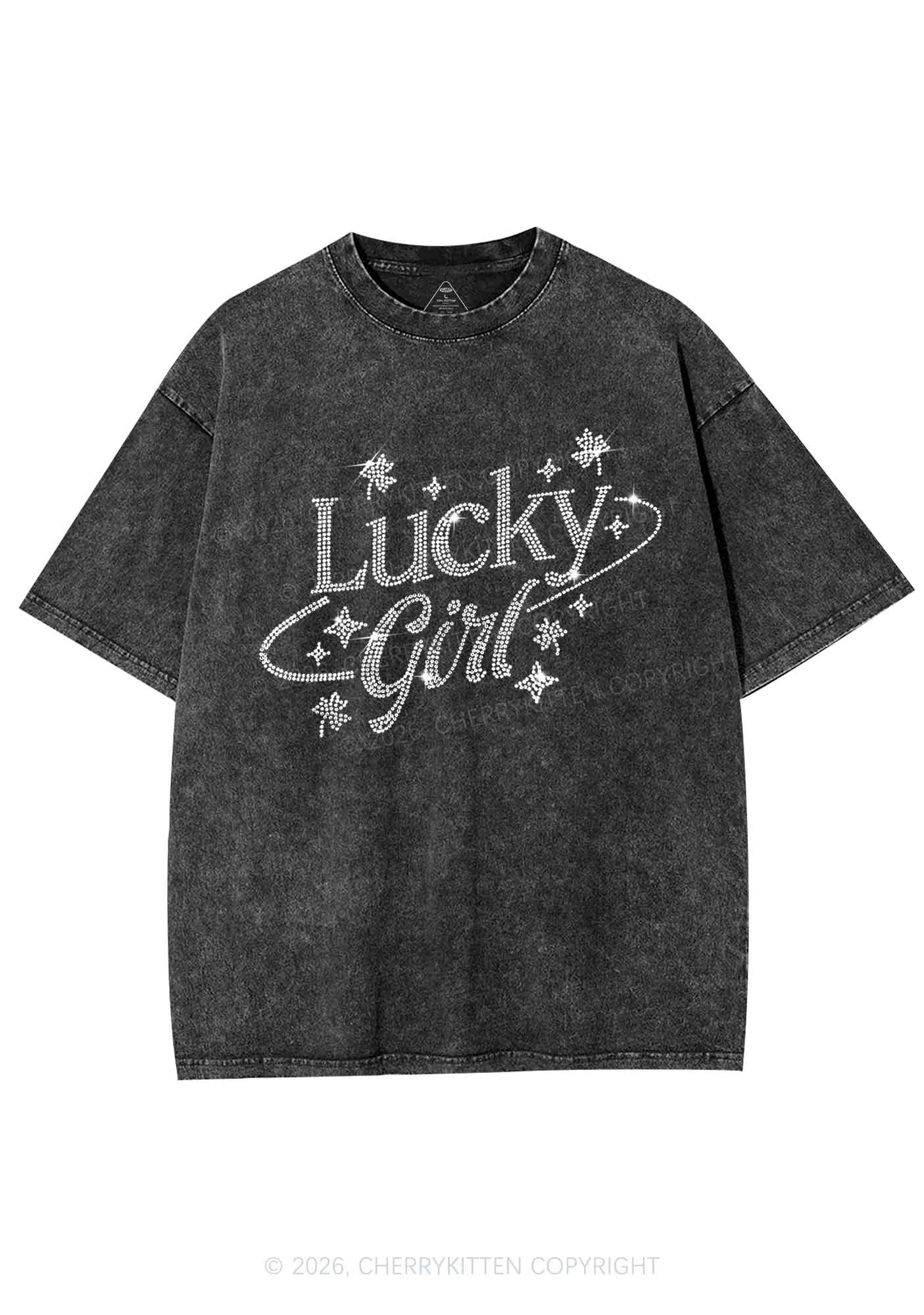 Rhinestone Lucky Girl St Patricks Y2K Shirts Washed Tee Cherrykitten - Image 4