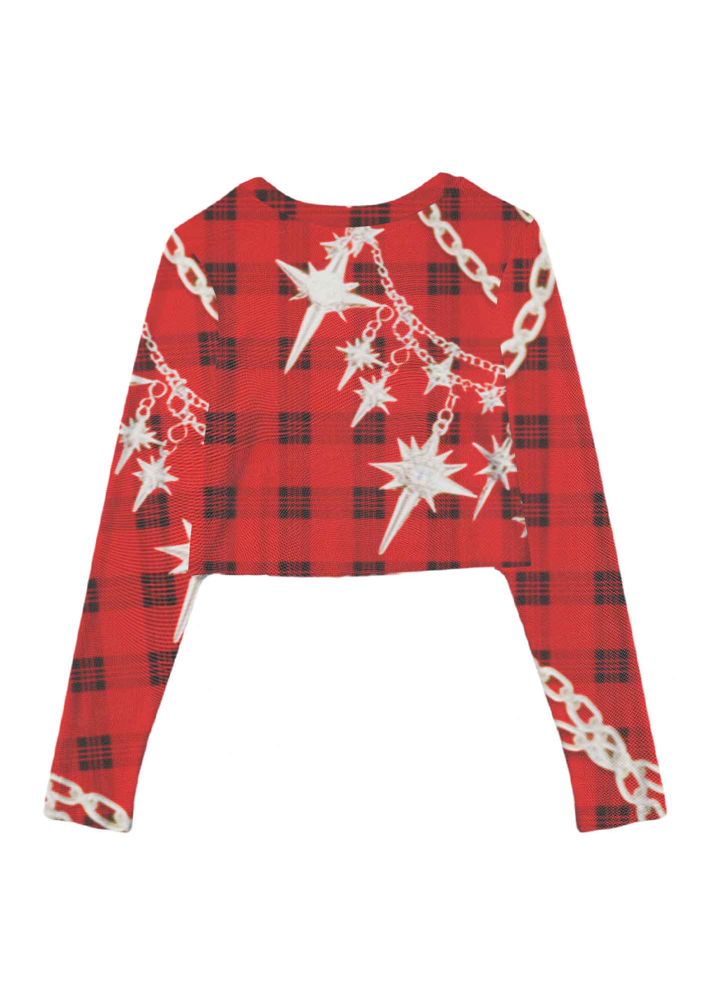 Star Chain Black Pattern Y2K Mesh Long Sleeve Crop Top Cherrykitten - Image 3