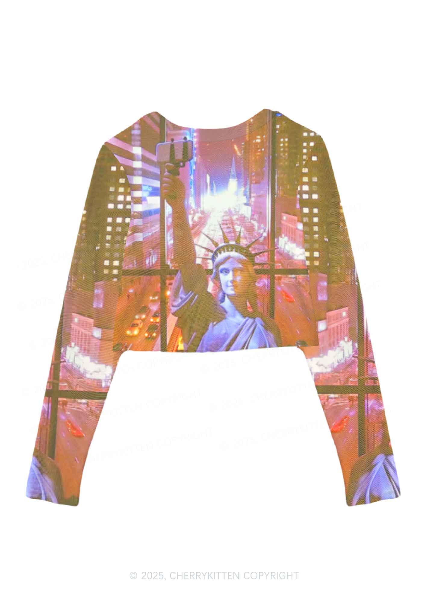 Statue Of Liberty Y2K Mesh Long Sleeve Crop Top Cherrykitten - Image 2