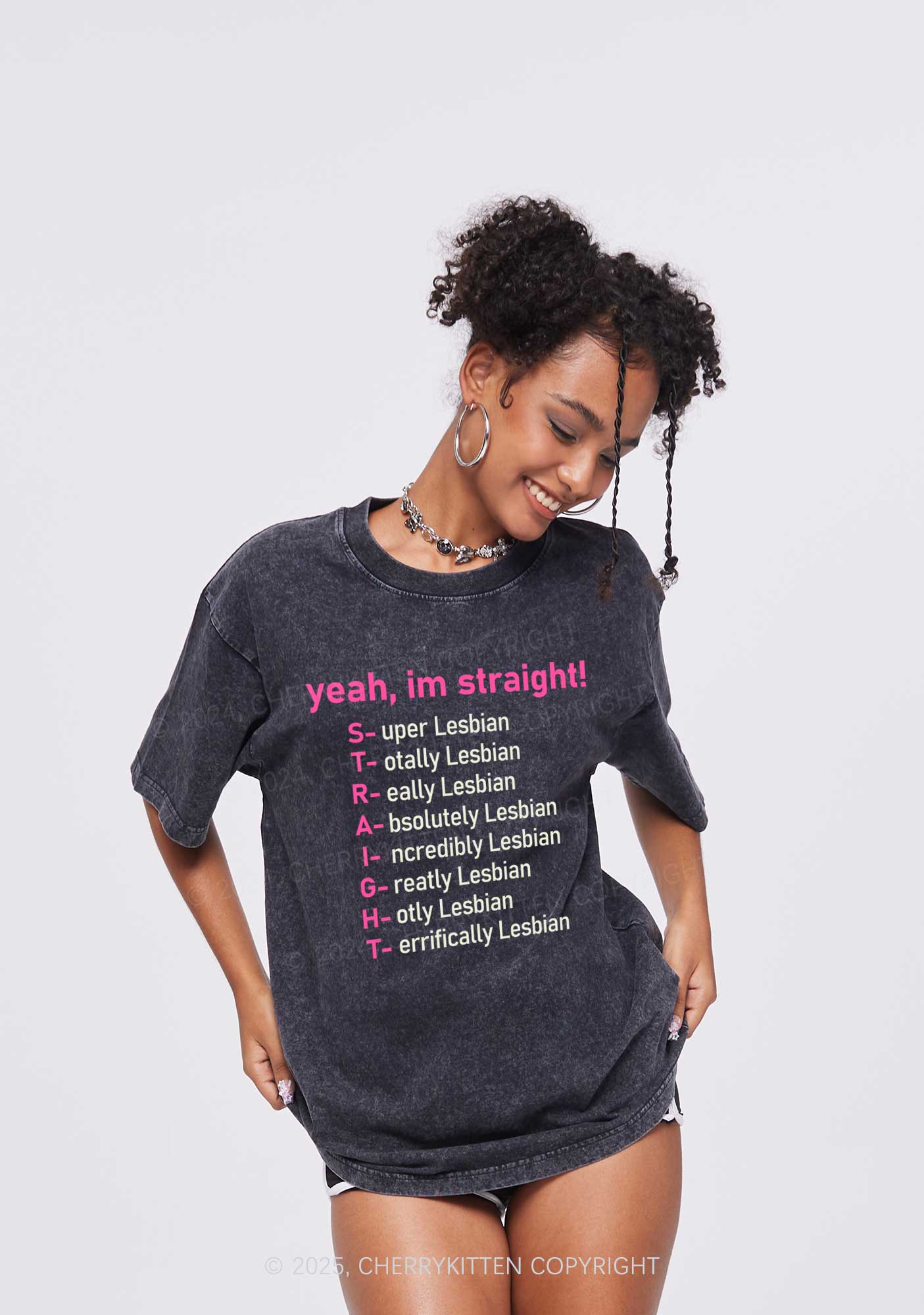 Straight Lesbian Y2K Shirts Washed Tee Cherrykitten - Image 2
