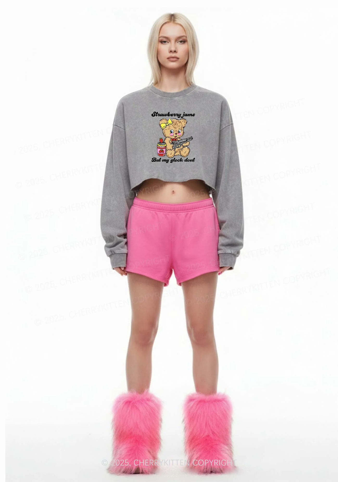Strawberry Jams Bear Y2K Crop Washed Sweatshirts Cherrykitten - Image 2