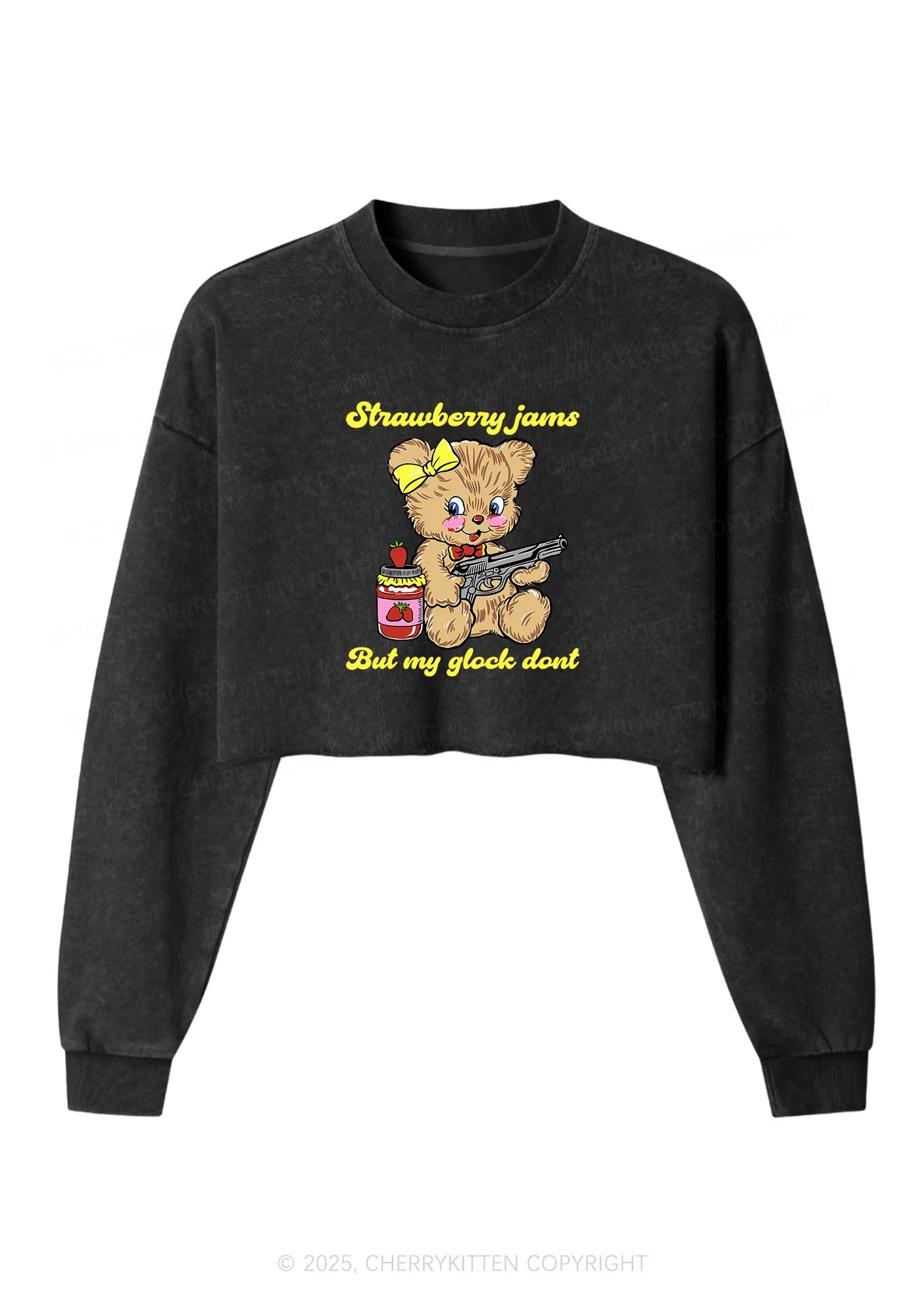 Strawberry Jams Bear Y2K Crop Washed Sweatshirts Cherrykitten - Image 3