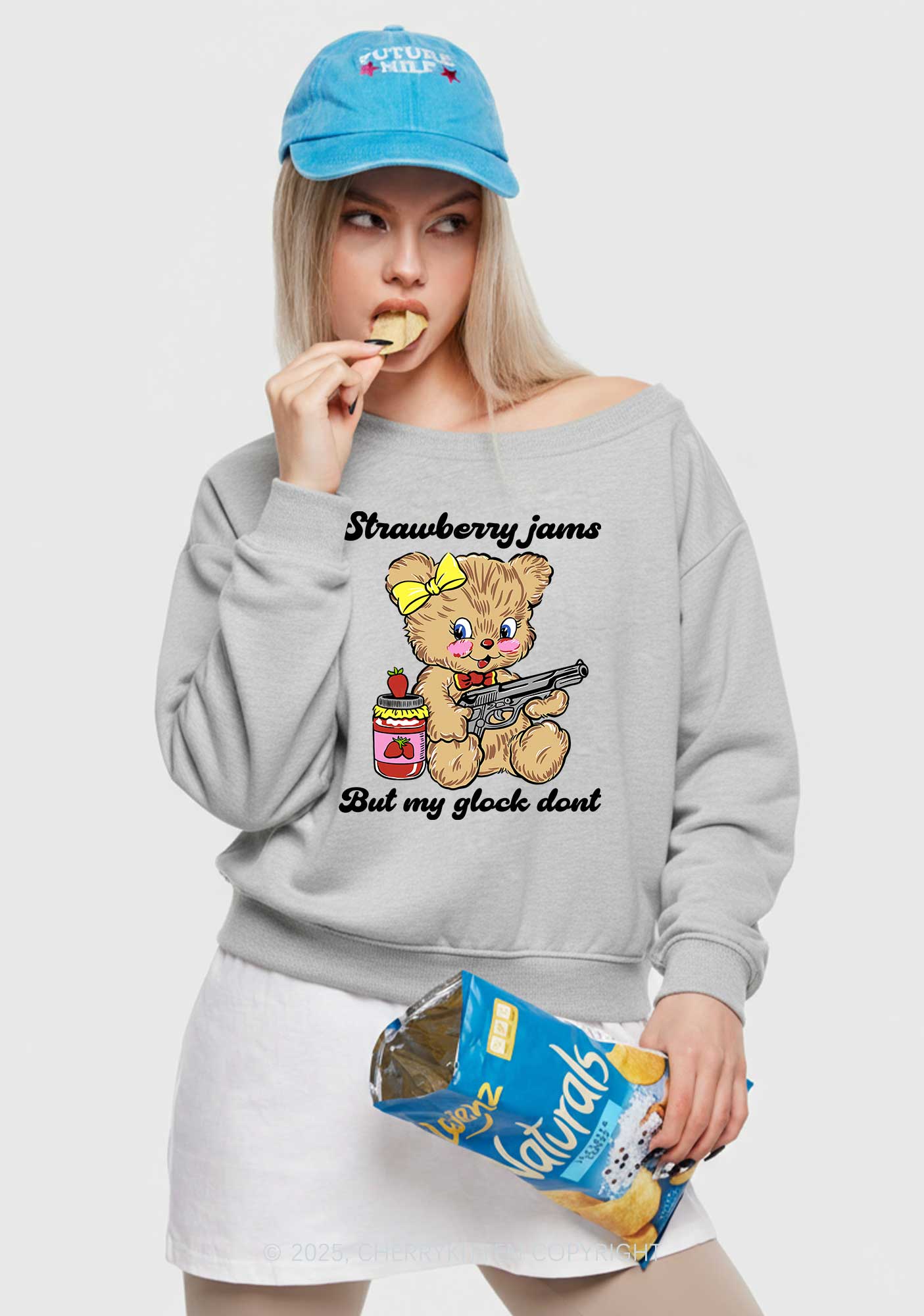Strawberry Jams Bear Y2K Off Shoulder Sweatshirts Cherrykitten - Image 2