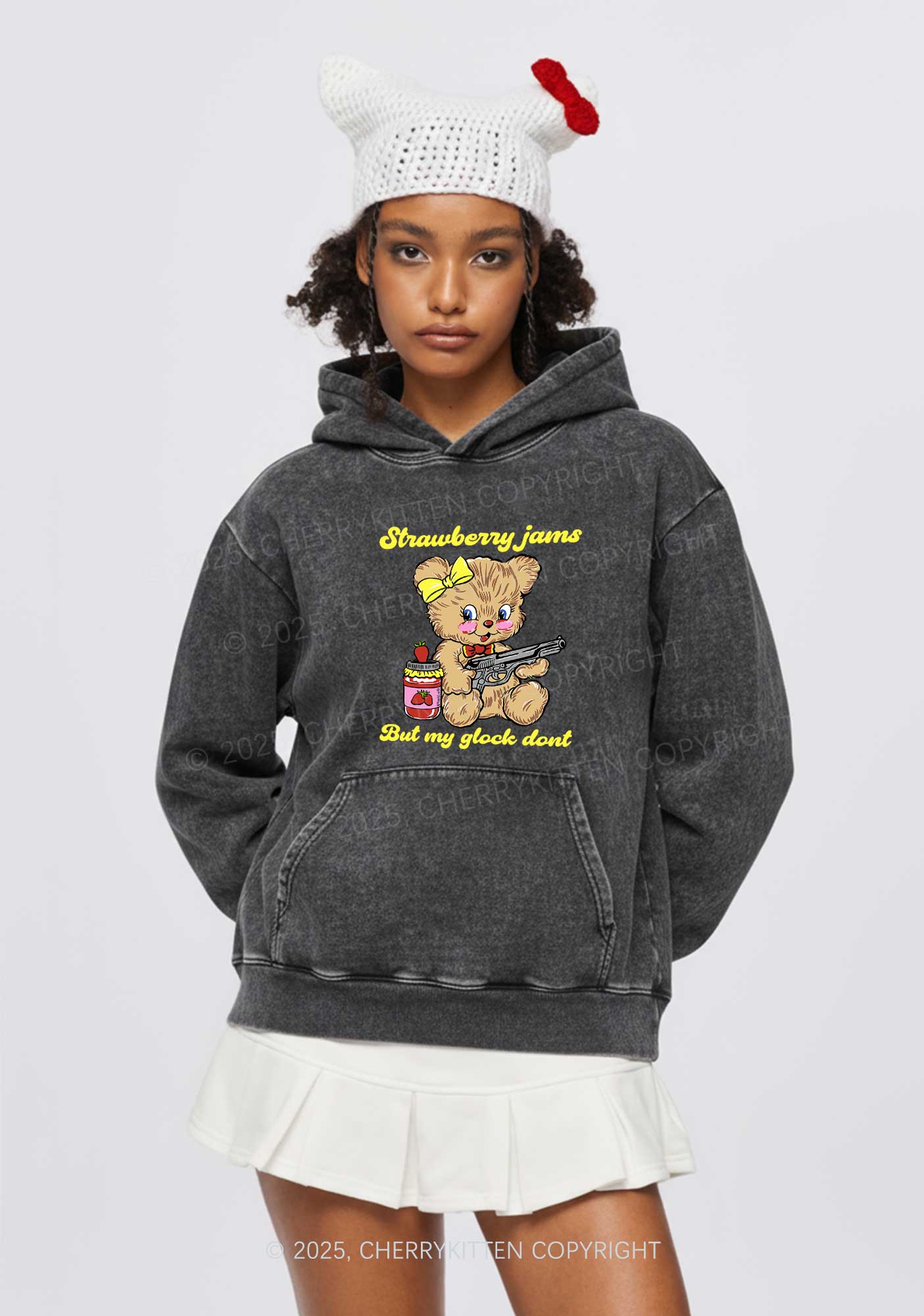 Strawberry Jams Bear Y2K Washed Hoodie Cherrykitten - Image 2