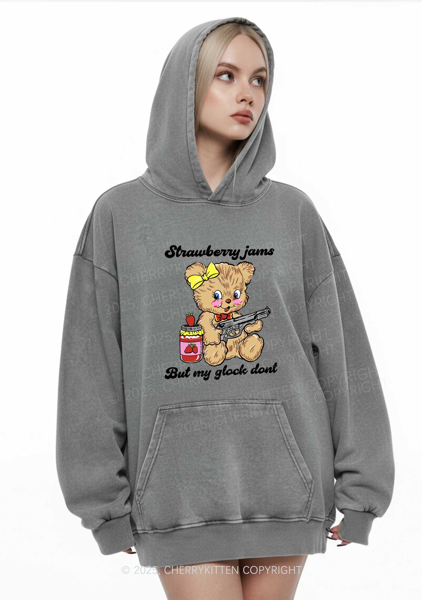 Strawberry Jams Bear Y2K Washed Hoodie Cherrykitten - Image 3
