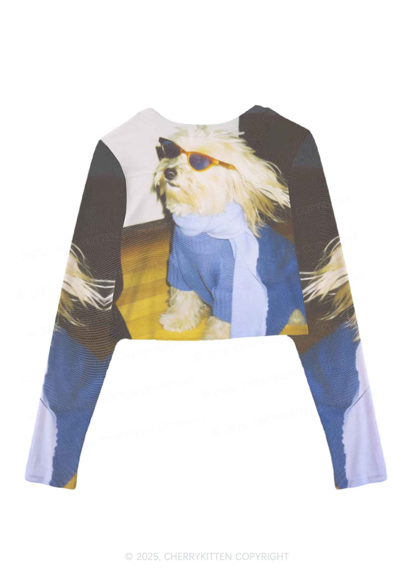 Sunglasses Puppy Y2K Mesh Long Sleeve Crop Top Cherrykitten - Image 2