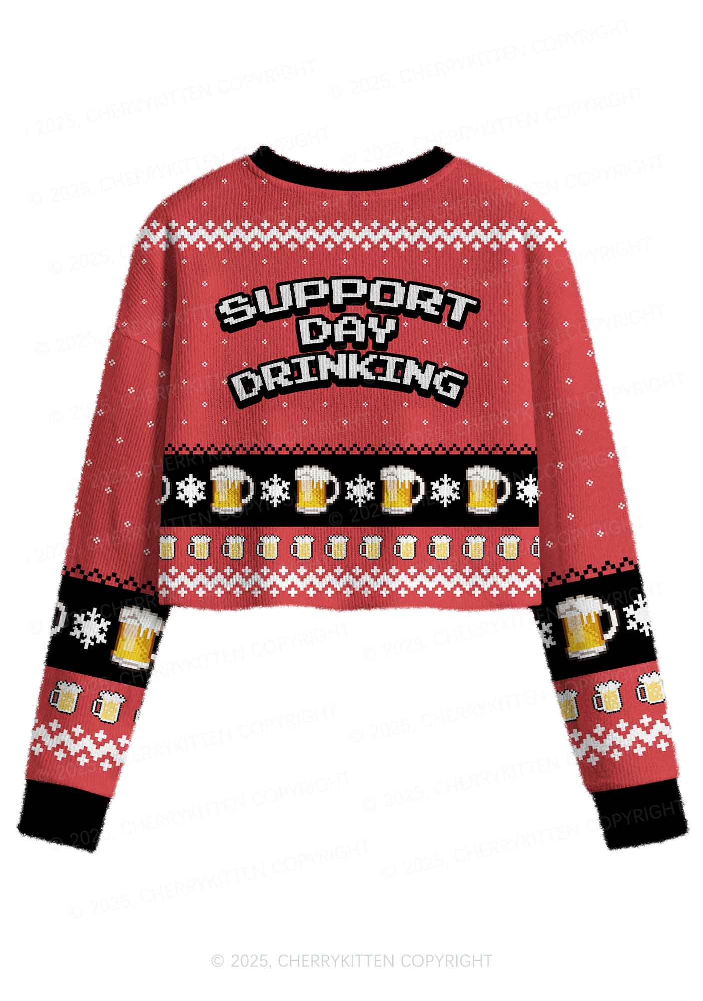 Support Day Drinking Y2K Christmas Crop Knit Sweatshirt Cherrykitten - Image 2