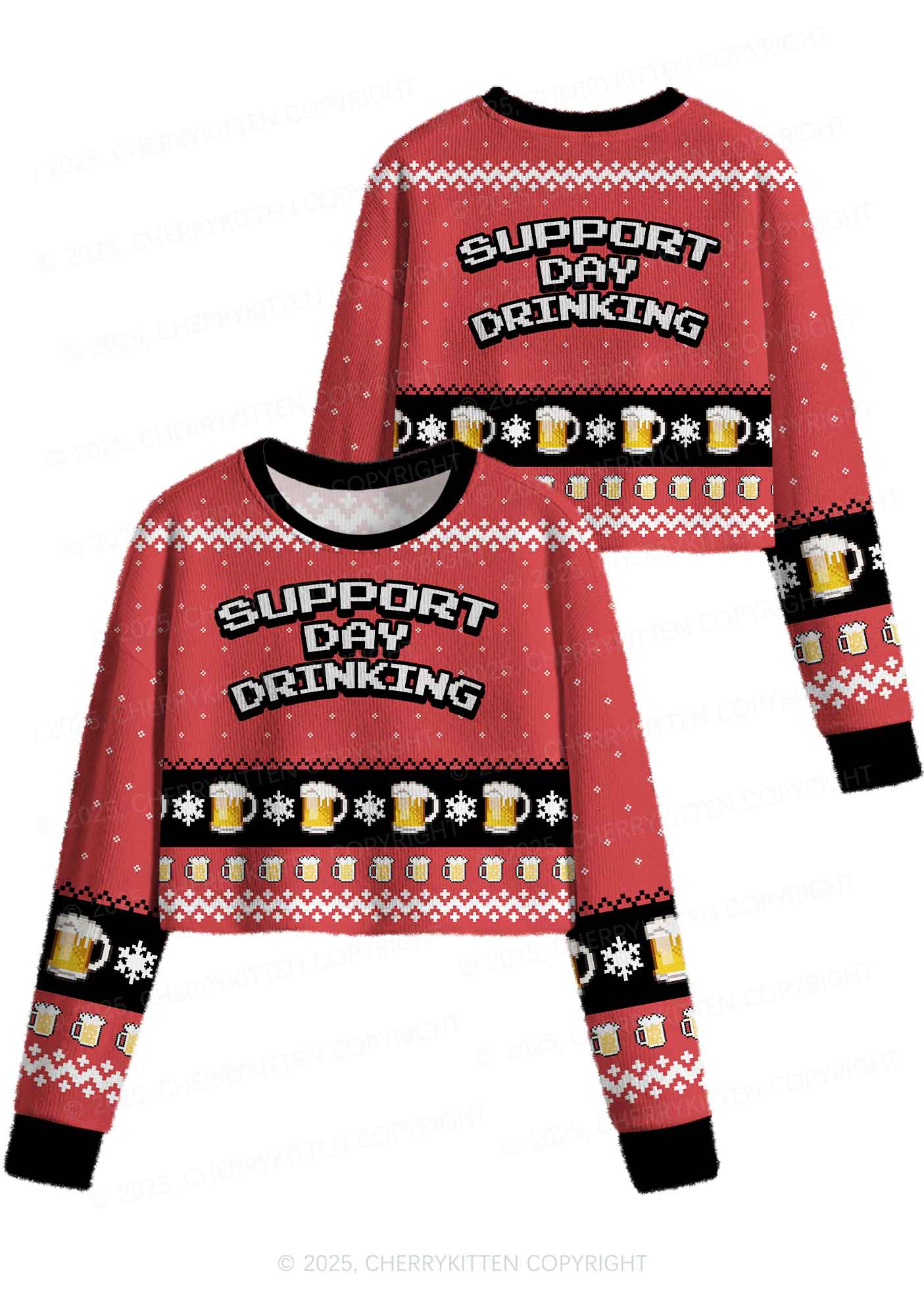 Support Day Drinking Y2K Christmas Crop Knit Sweatshirt Cherrykitten - Image 3