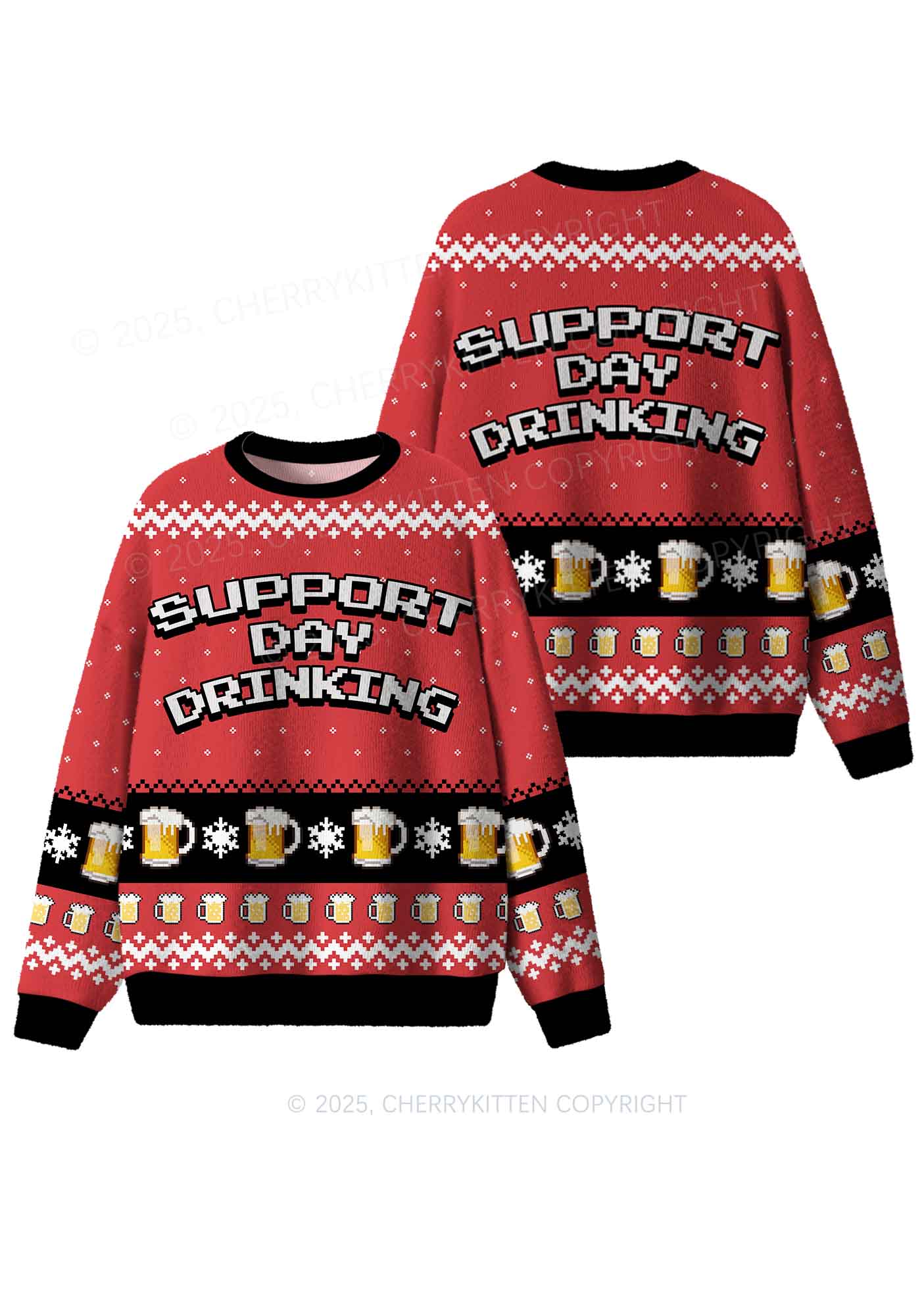 Support Day Drinking Y2K Christmas Knit Sweatshirt Cherrykitten - Image 3