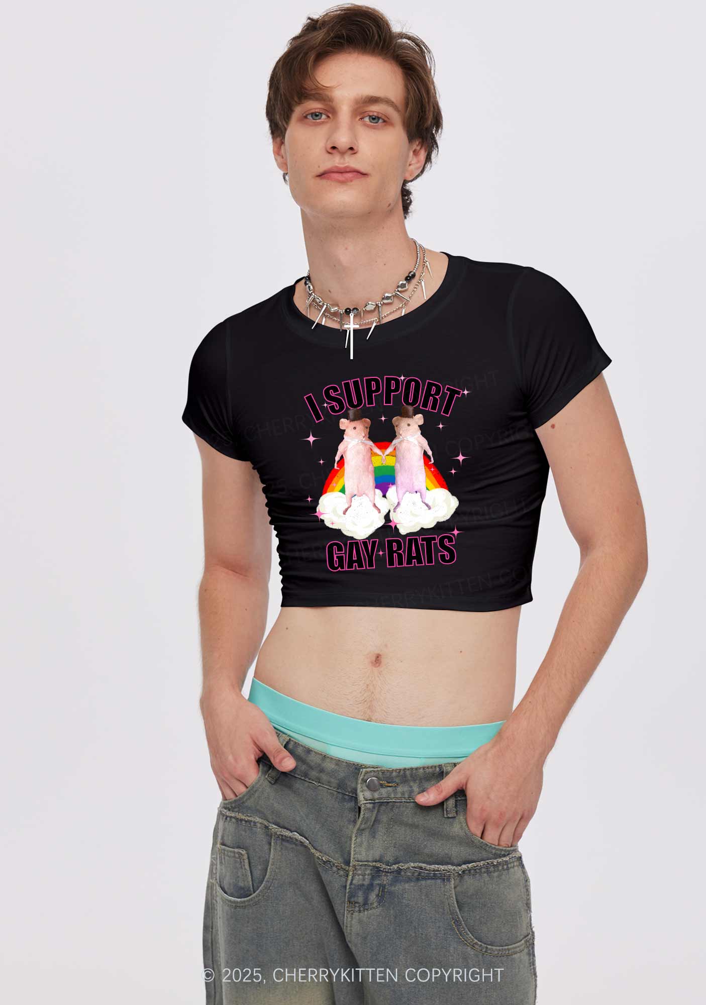 Support Gay Rats Pride Y2K Baby Tee Cherrykitten - Image 3