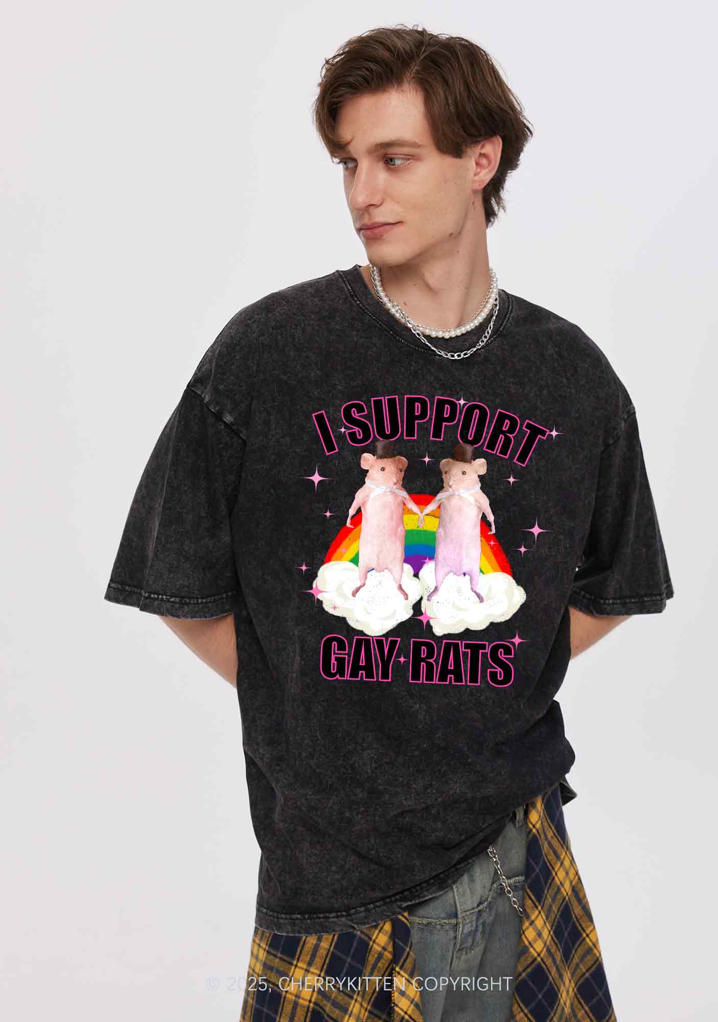 Support Gay Rats Pride Y2K Shirts Washed Tee Cherrykitten - Image 2