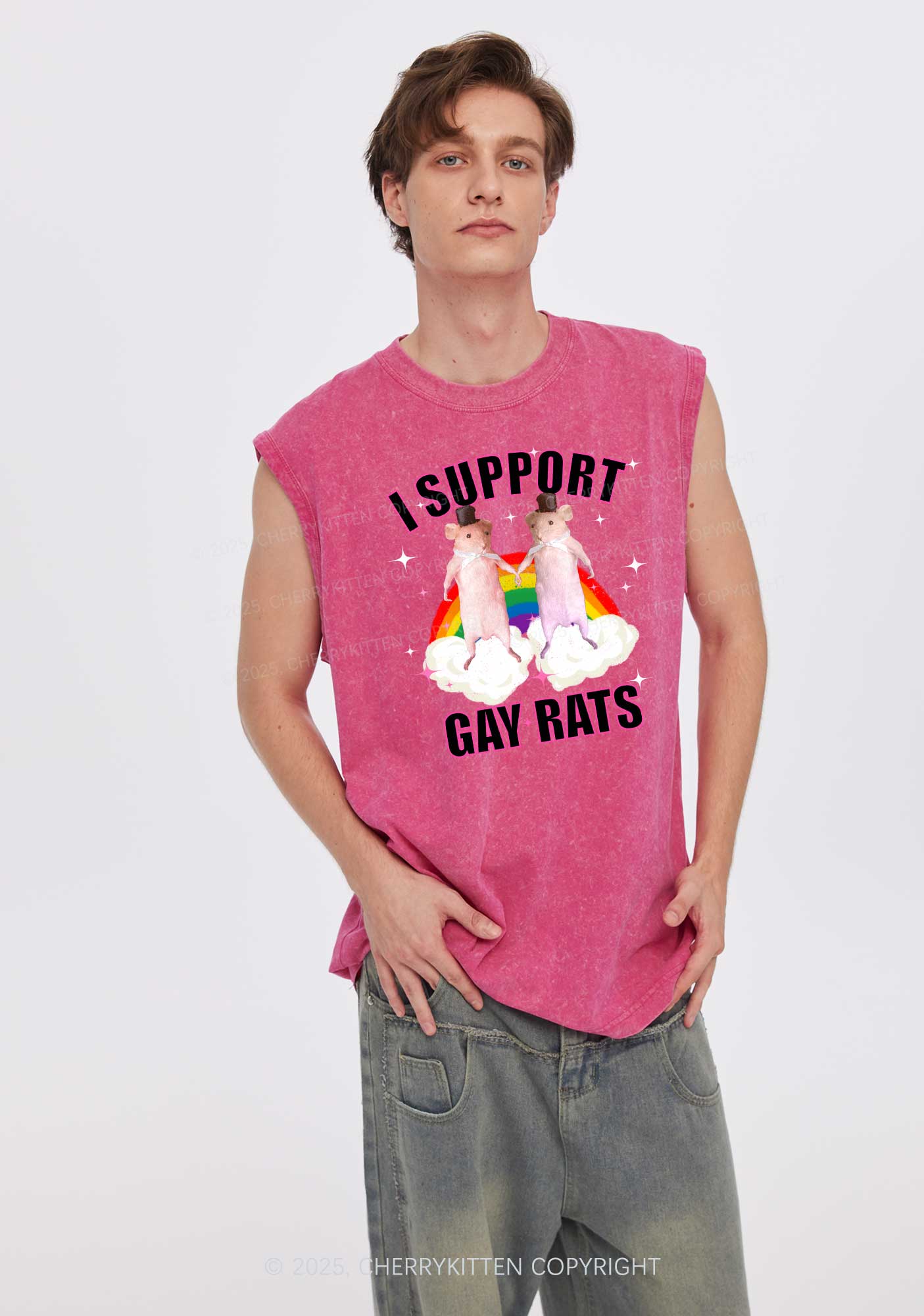 Support Gay Rats Pride Y2K Washed Muscle Tank Cherrykitten - Image 2