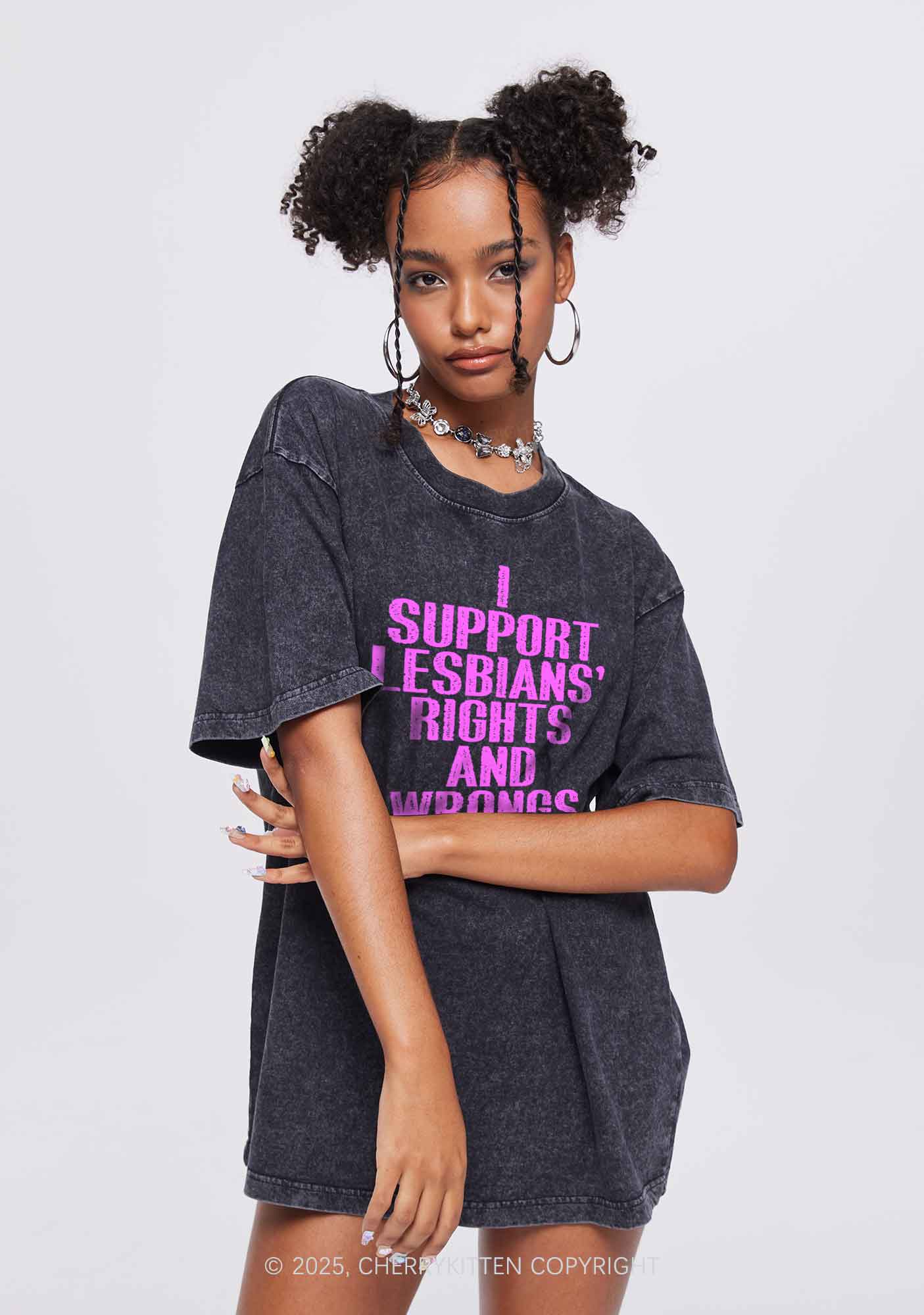 Support Lesbians Rights Pride Y2K Shirts Washed Tee Cherrykitten - Image 2