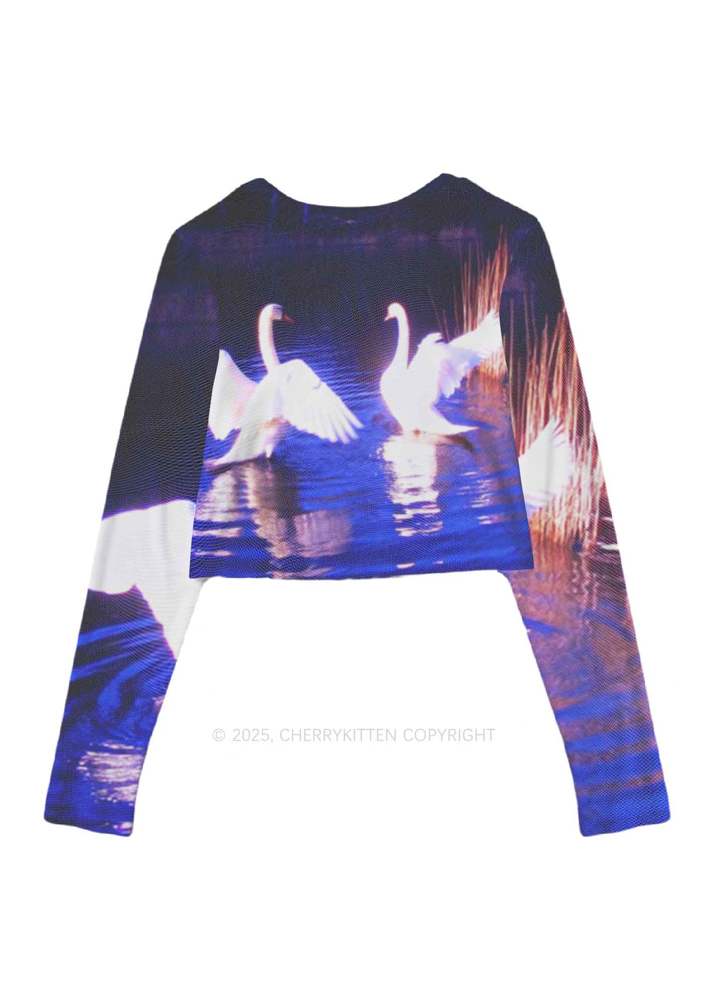 Swans on Water Y2K Mesh Long Sleeve Crop Top Cherrykitten - Image 3