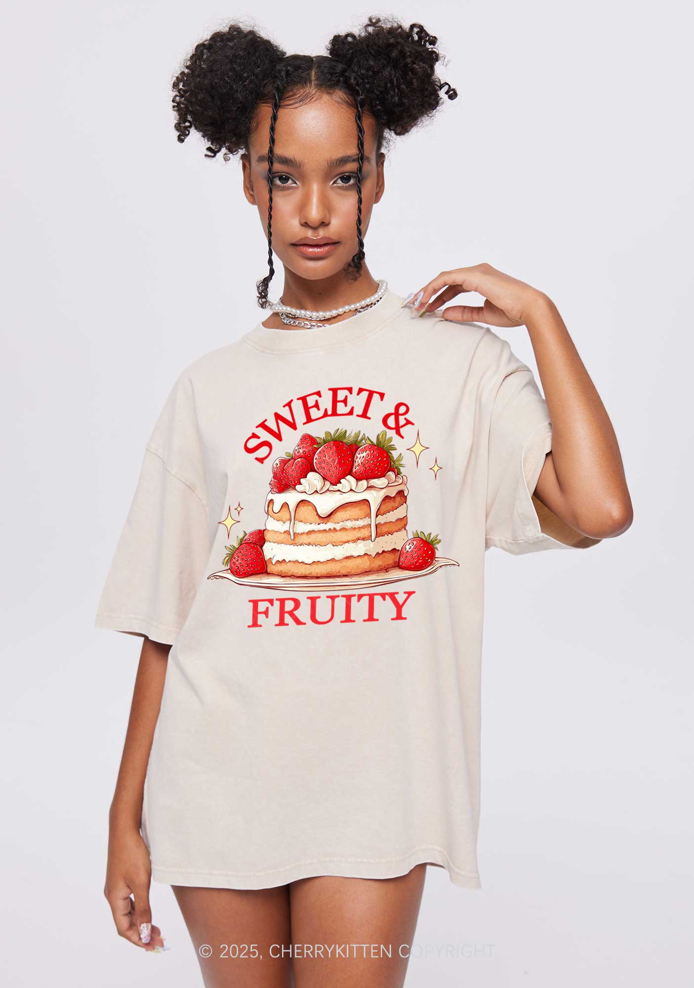 Sweet And Fruity Cake Y2K Shirts Washed Tee Cherrykitten - Image 2